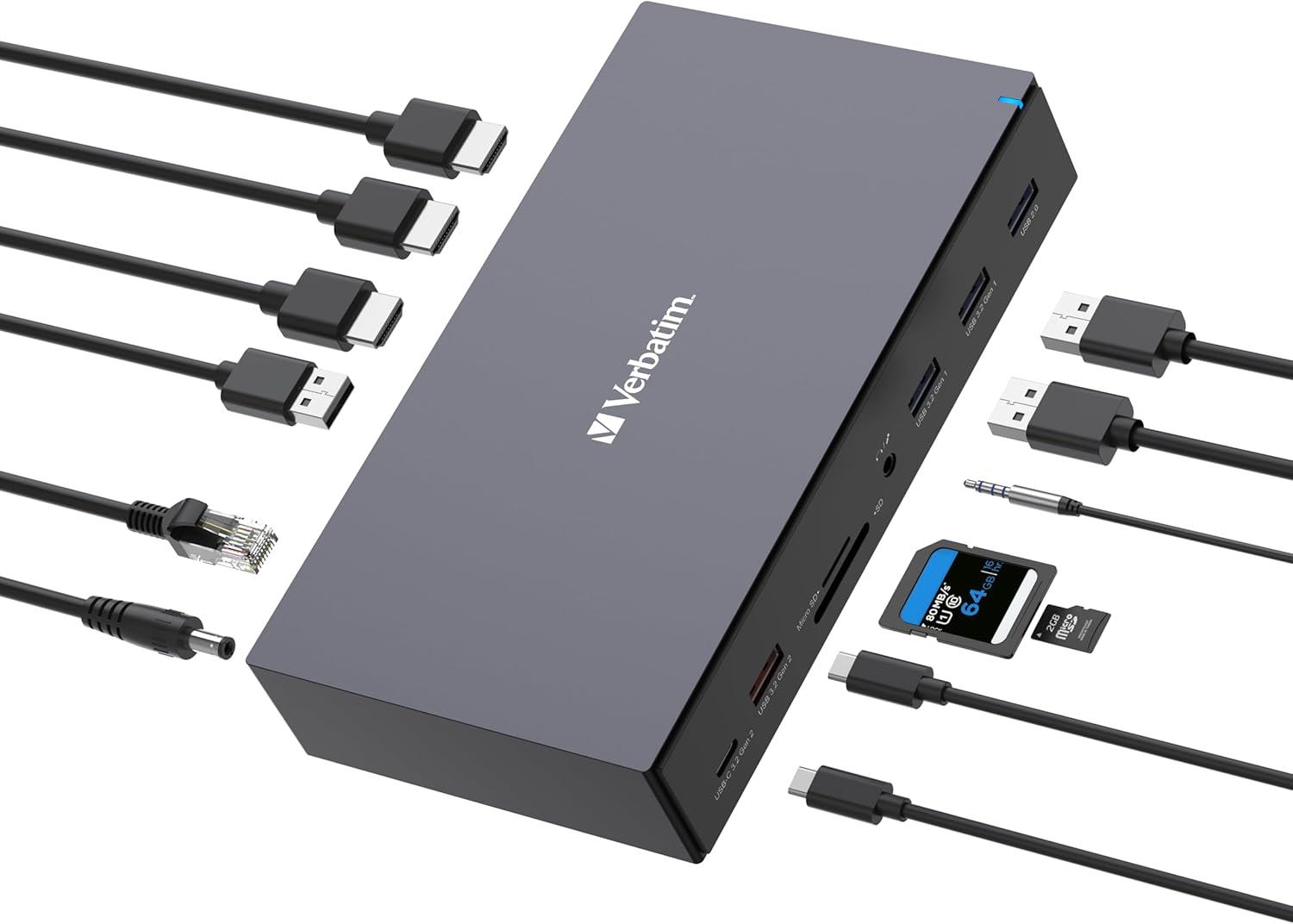 Verbatim USB-C Pro Docking Station, 17'si 1 arada Hub, HDMI 4K ve 8K, USB-A ve USB-C, PD 100 W, AUX, kart okuyucu