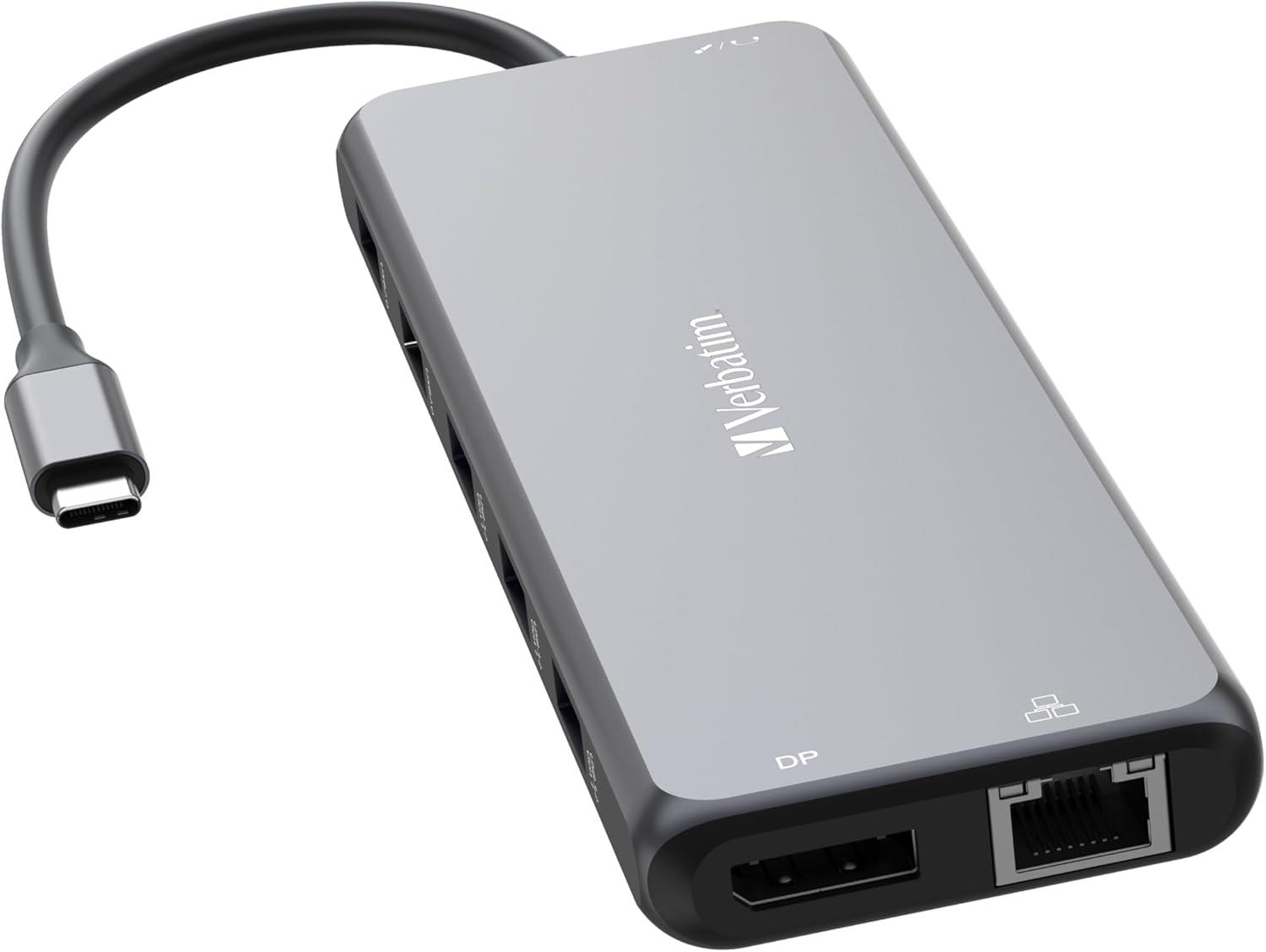 Verbatim USB C Hub 13'ü 1 arada, çoklu bağlantı noktalı adaptör, USB-C, HDMI, RJ45, USBA-A ve USB-C PD, SD kart okuyuculu
