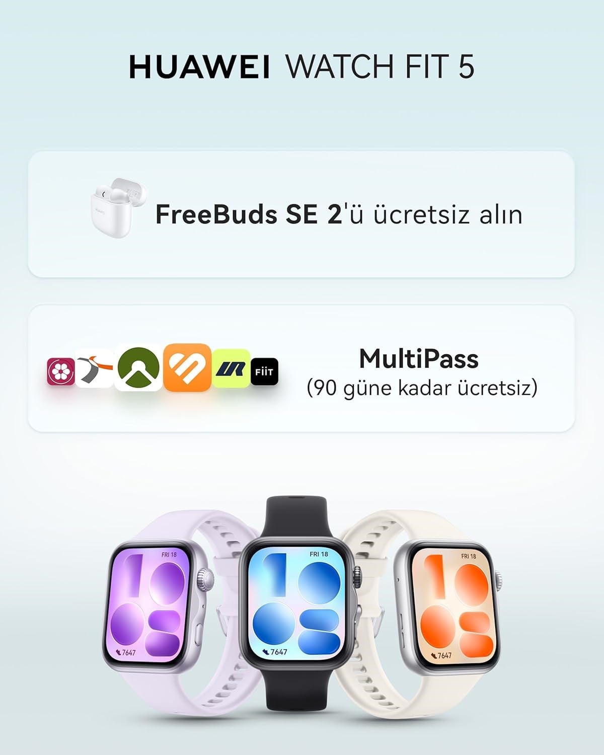 Huawei Watch Fit 5 Lila + Freebuds SE 2 Beyaz Kulaklık Hediyeli