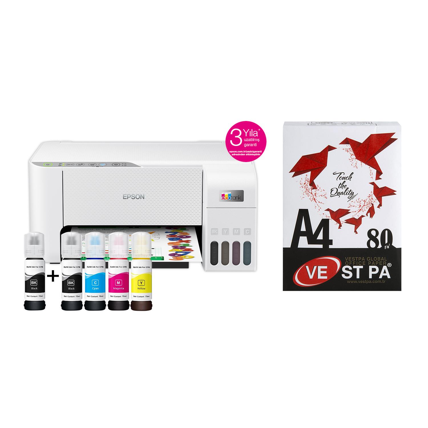 Epson EcoTank L3256 Renkli Tanklı Yazıcı Baskı-Tarama- Kopya - (USB, WiFi, Wi-Fi Direct) + Orjinal Epson Mürekkep + 500'lü A4 Kağıt