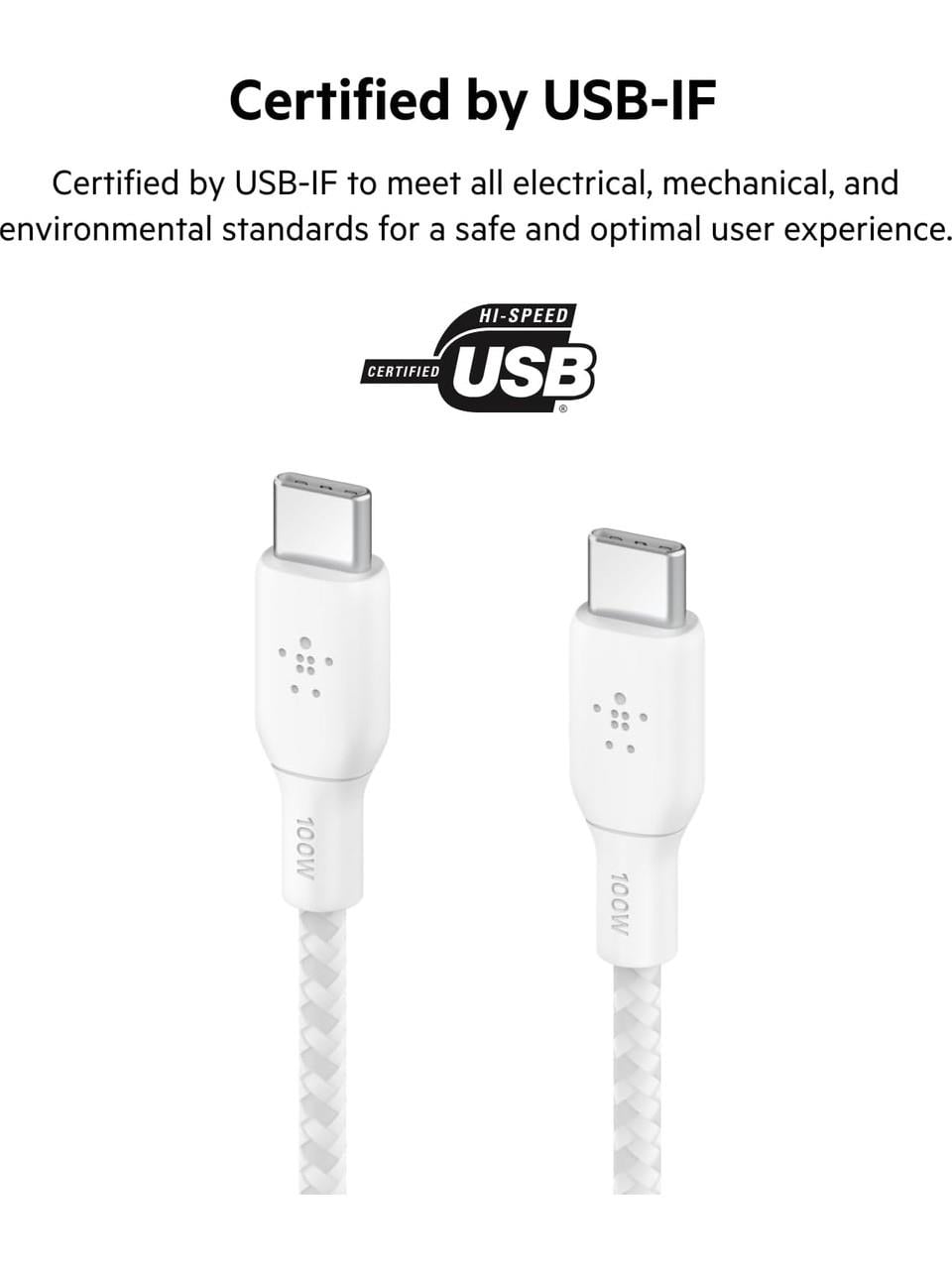 Belkin Usb-C - Usb-C Kablosu, 100 W Güç Dağıtımı Çift Örgülü Naylon Kılıflı Usb-If Sertifikalı 2.0 Şarj Kablosu (2 M) Beyaz
