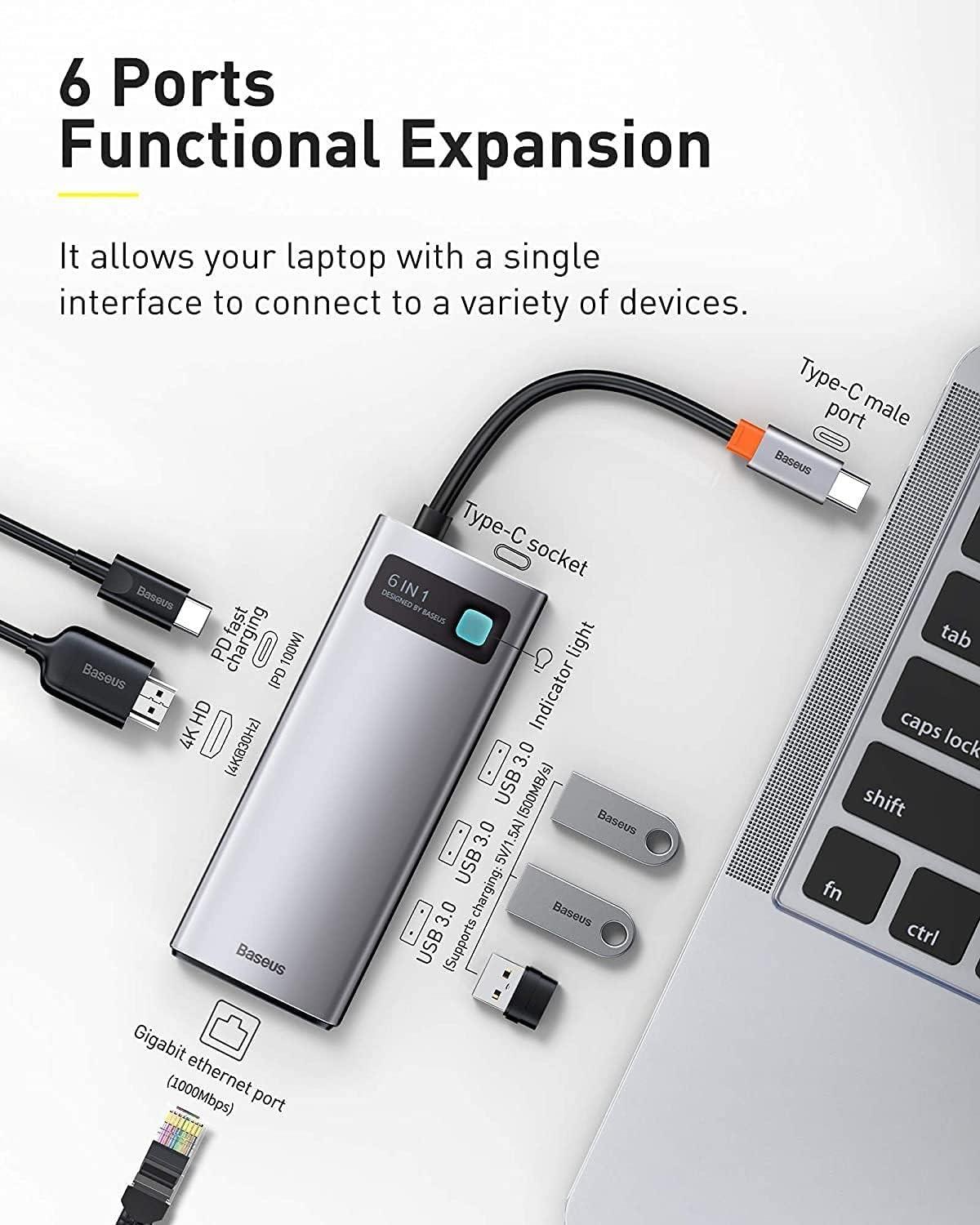 Baseus Metal Gleam 6 in 1 Multifonksiyonal Type-C Hub Dock Station - Gri