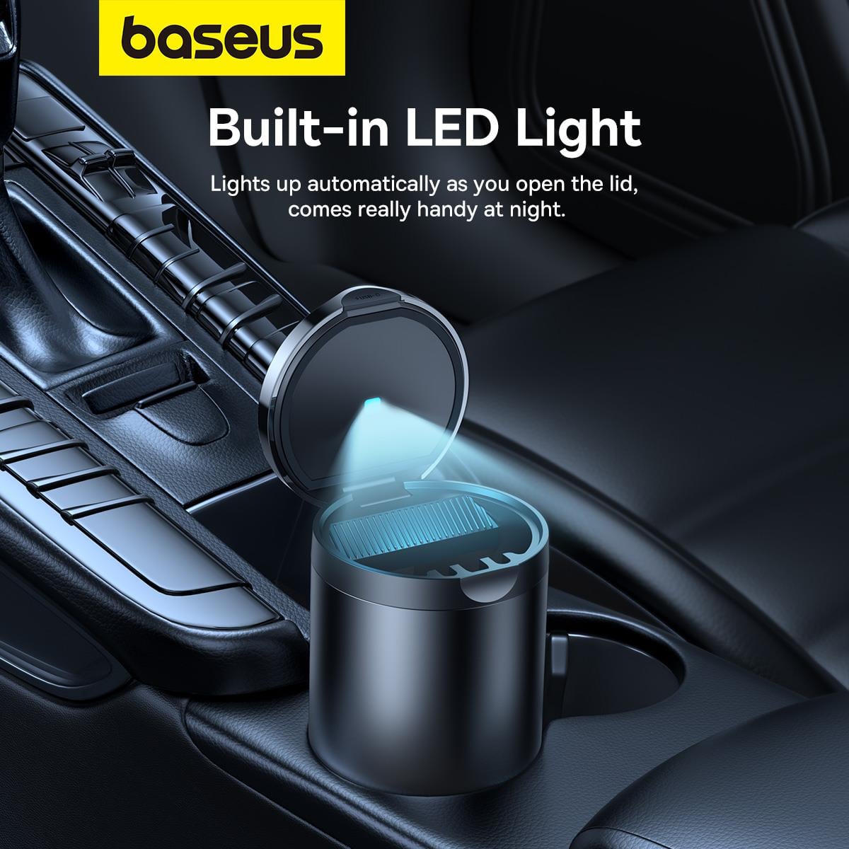 Baseus Premium 2 Serisi Araba Küllüğü - Ortam LED Işığı ve Araba Bardak Tutucuları için Su Geçirmez Tasarıma Sahip Taşınabilir Alüminyum Alaşımlı Küllük - Siyah