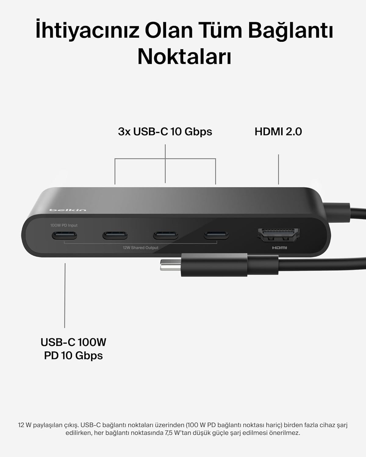 Belkin USB-C Hub, 5 Portlu Hub, 4K HDMI Görüntüleme, 60Hz, 100W Güç Dağıtımı, 10 Gbps Hızlı Veri Aktarımı, USB-C Çoklu Bağlantı Noktalı Adaptör