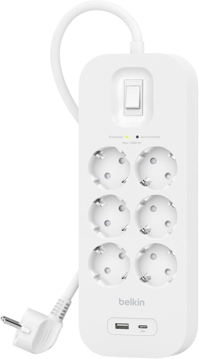 Belkin 6'lı Yüksek Gerilim Korumalı Çoklu Priz, Hızlı şarj için USB-C ve USB-A bağlantısı 650 jul koruma 2m, Beyaz