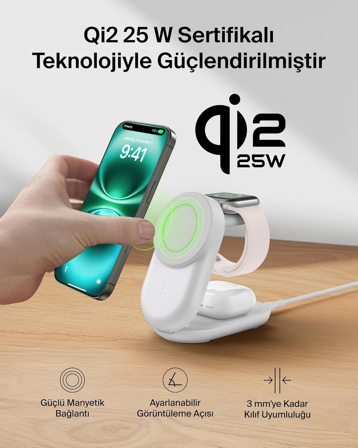 Belkin UltraCharge MagSafe Uyumlu 3'ü 1 Arada Qi2 25W Kablosuz Şarj Cihazı, 45W Adaptör, Beyaz