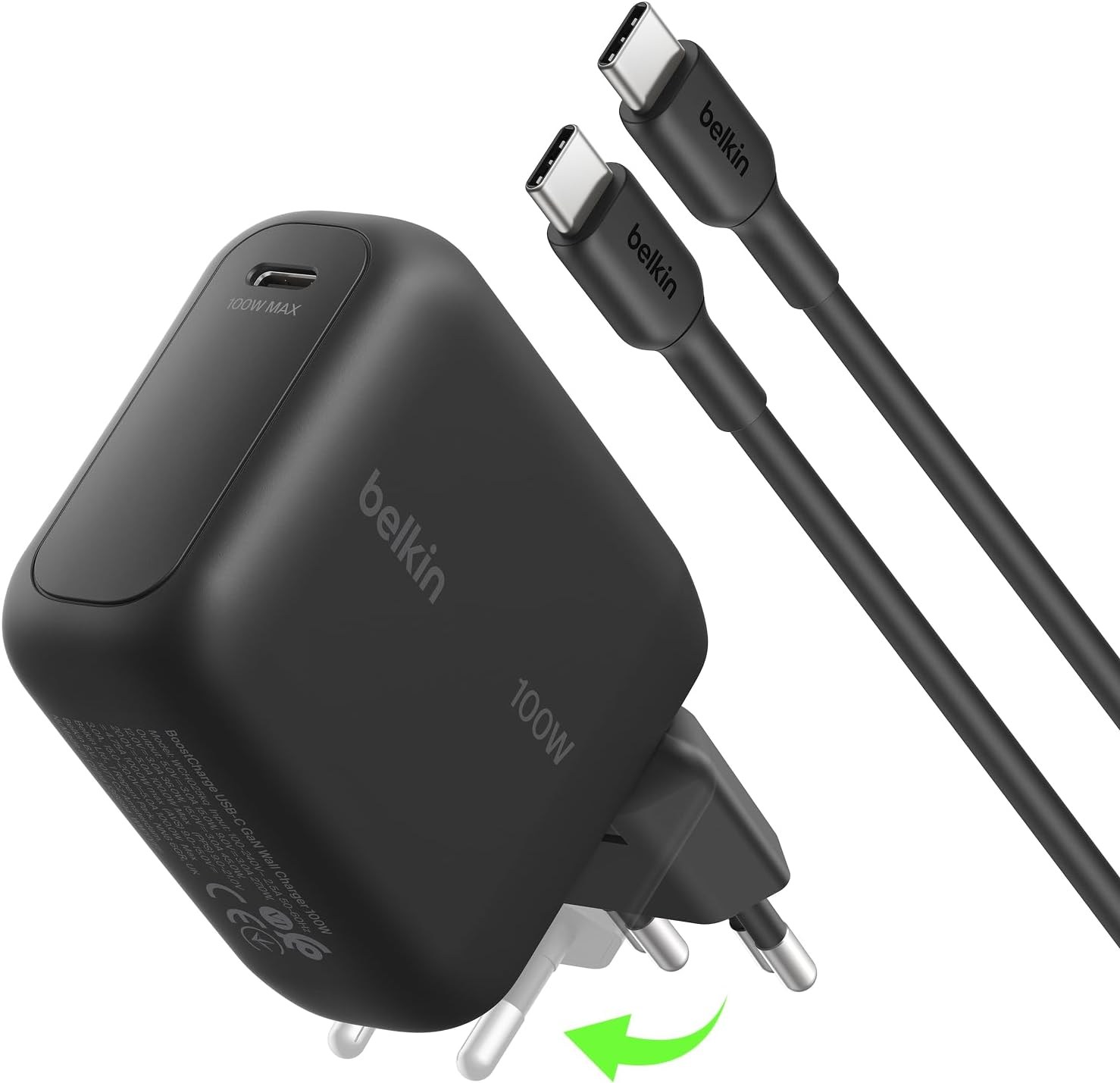 Belkin BoostCharge USB-C Fiş Tipi Şarj Cihazı 100 W, GaN Kompakt ve Katlanabilir MacBook ve İphone için Hızlı Şarj, 1,5 m USB-C Kablo dahil, Siyah