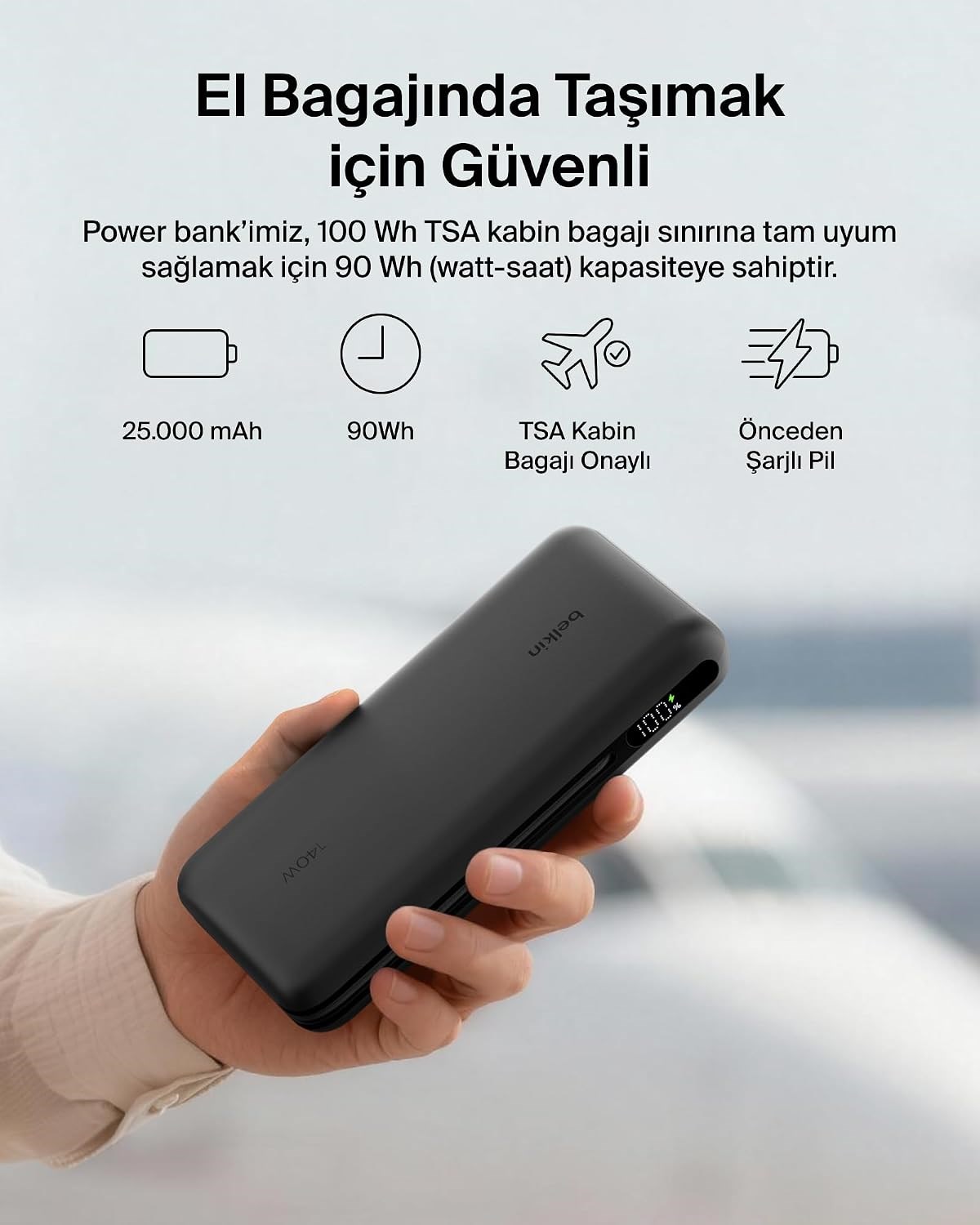 Belkin UltraCharge Pro 25000 mAh Dijital Ekranlı, 1 x USB-C Bağlantı Noktası + Entegre Kablo, 1 x USB-A, 158 W PD, Powerbank