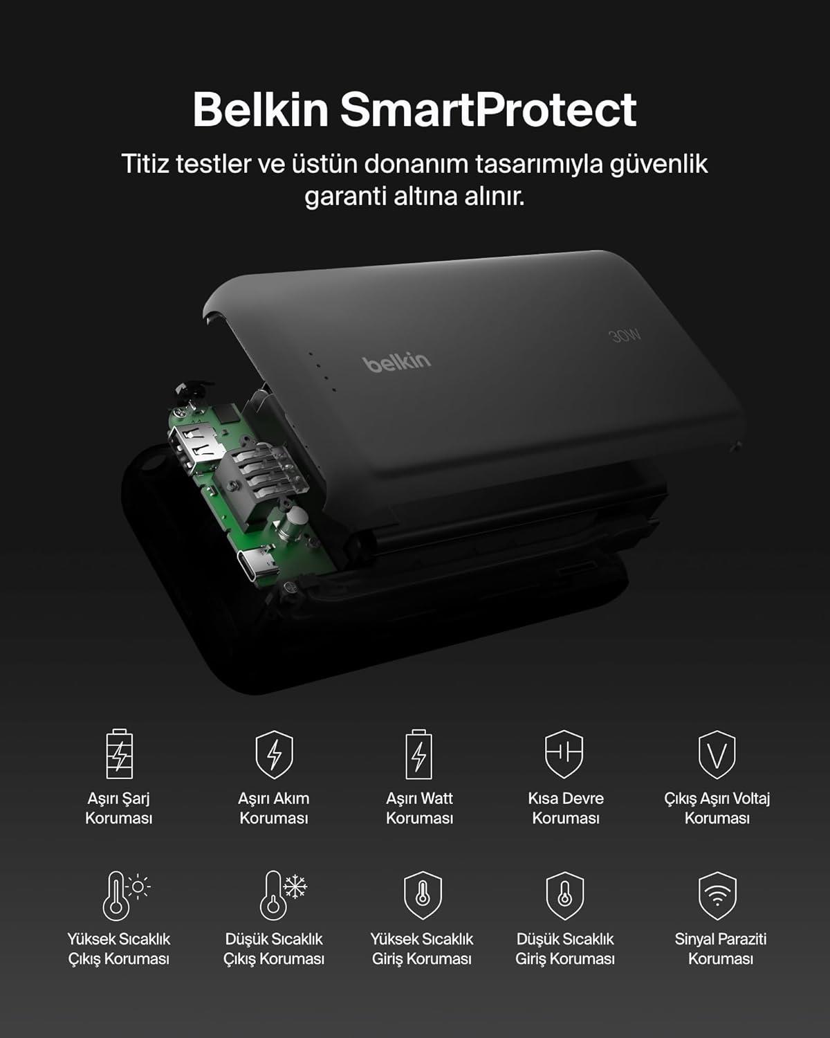 Belkin BoostCharge Powerbank, 20K Entegre Kablolu Taşınabilir Güç Kaynağı, 30 W Güç İletimli Hızlı Şarj, USB-C, Siyah