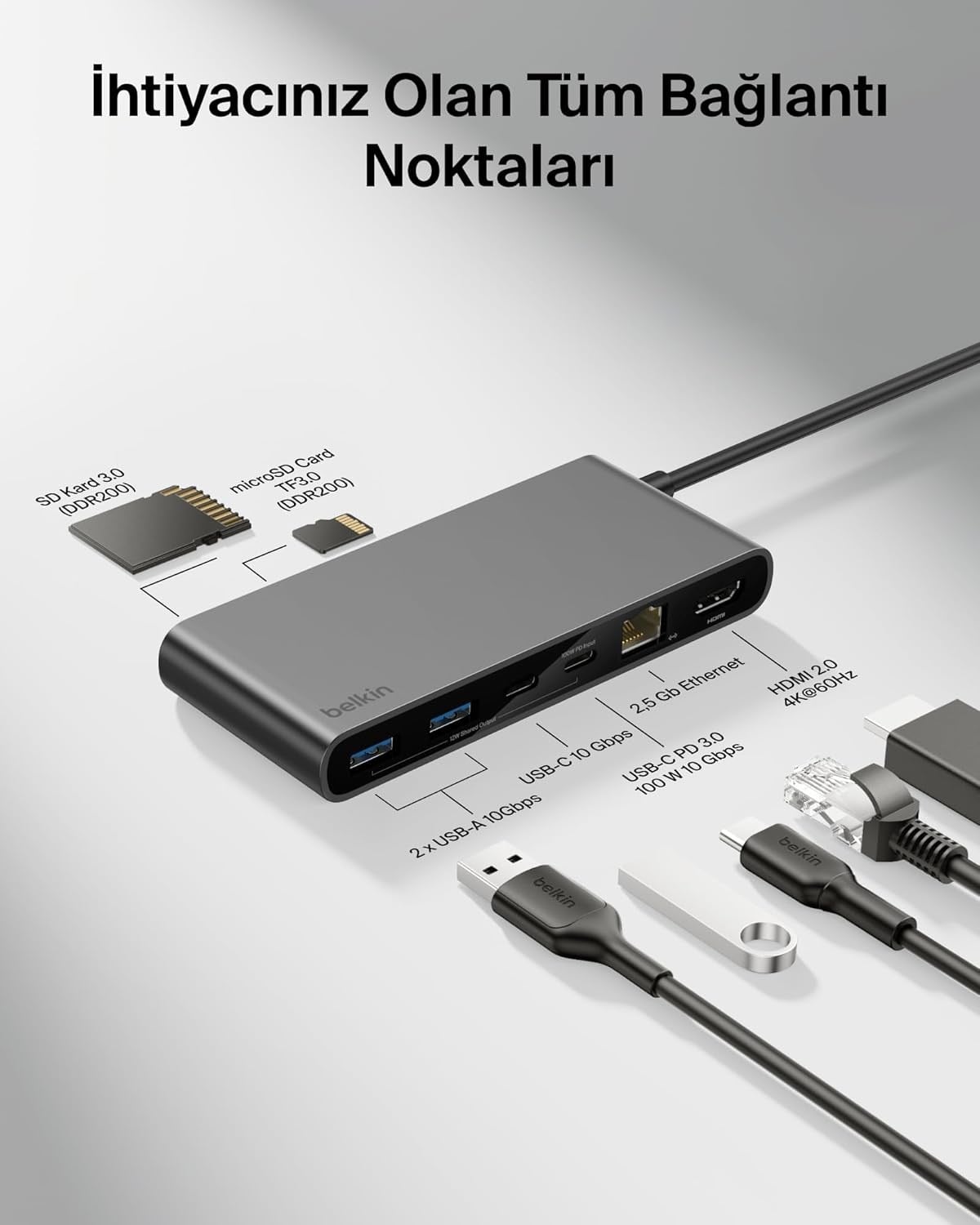 Belkin Connect 8 Portlu USB-C Hub, 4K@60Hz'100 W PD, 10 Gbps veri aktarım hızı ve 2,5 Gbps Ethernet - Gri