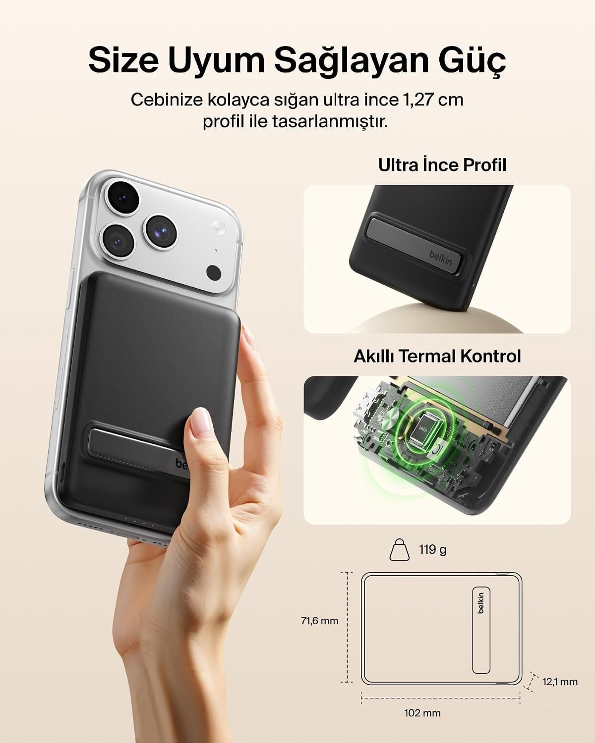 Belkin BoostCharge 5000 mAh İnce Manyetik Stantlı Power Bank, Siyah