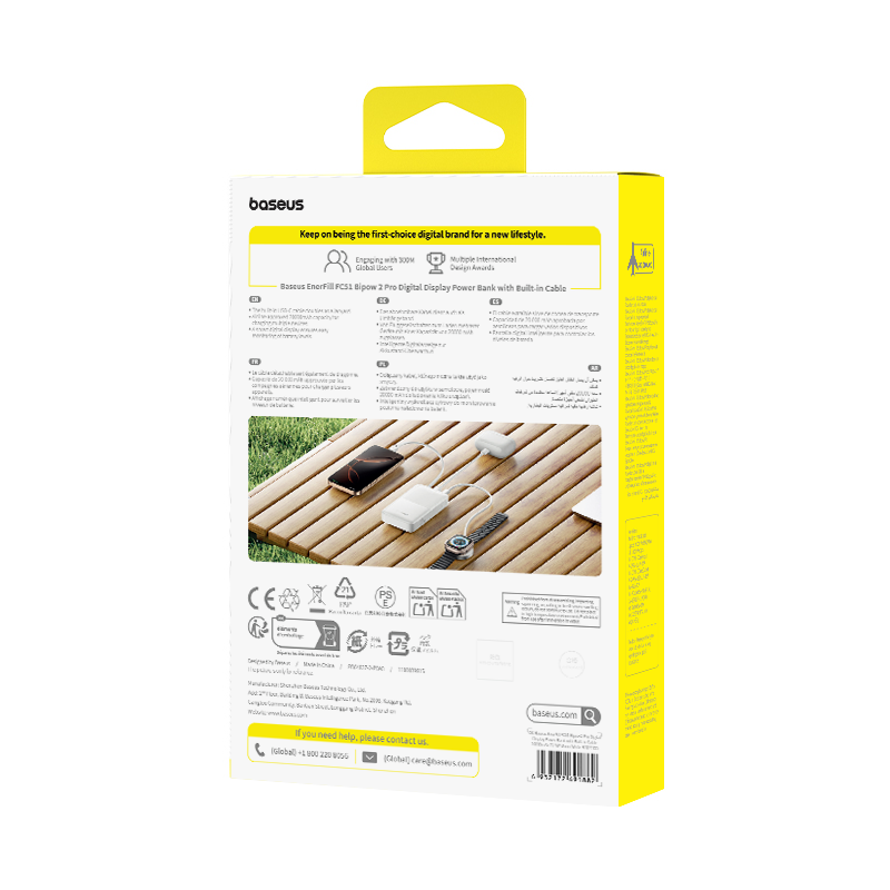 Baseus EnerFill Bipow2 Pro 20000mAh Dahili USB-C Kablolu, 22,5 W Hızlı Şarjlı, LED Ekranlı Powerbank, Beyaz