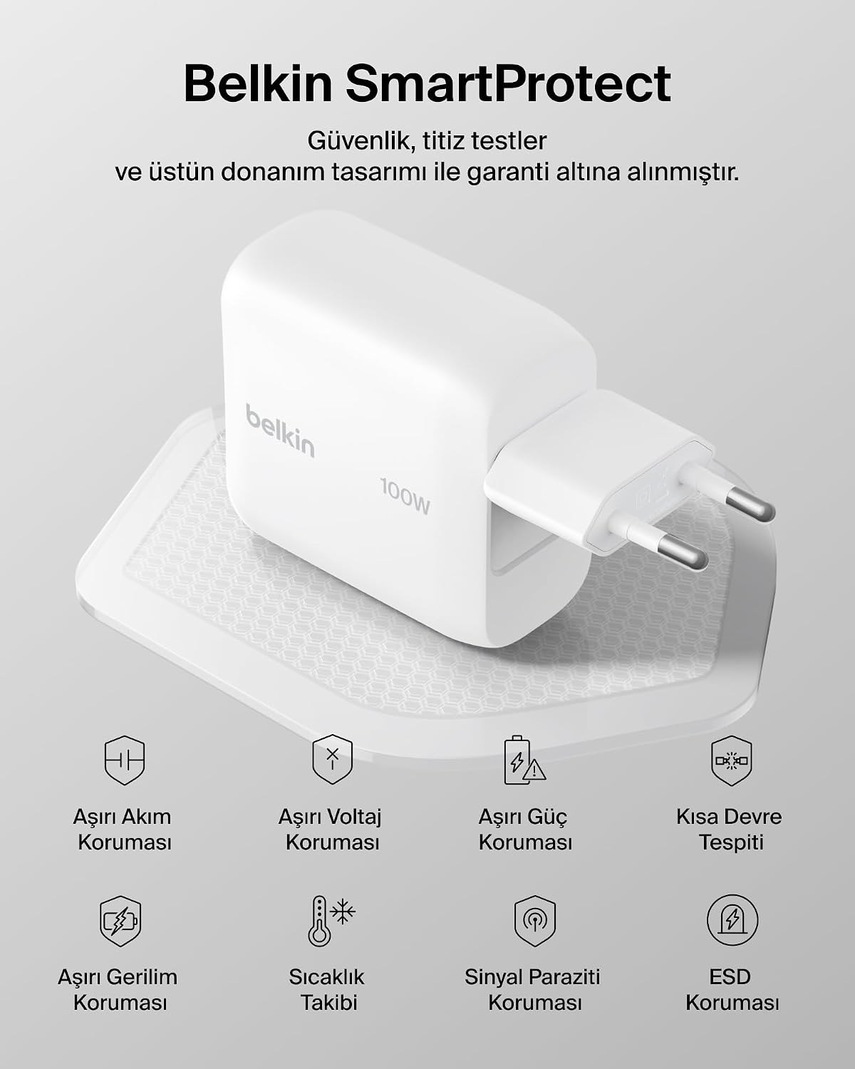 Belkin BoostCharge USB-C Fiş Tipi Şarj Cihazı 100 W, GaN Kompakt ve Katlanabilir, Beyaz