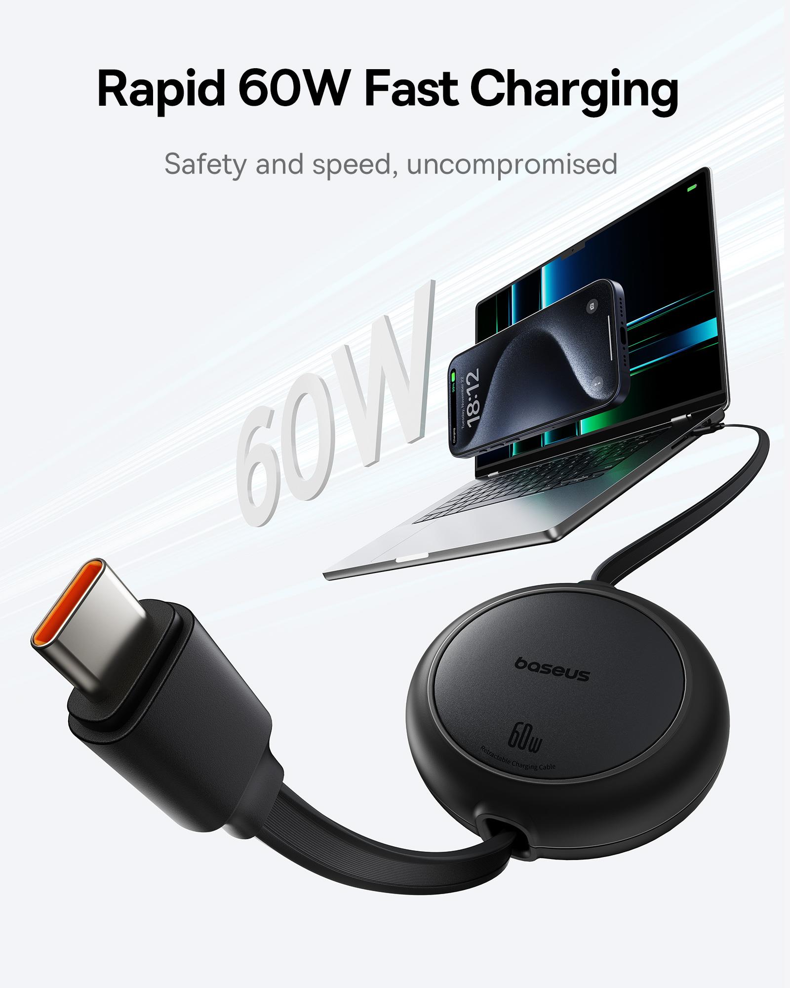 Baseus Free2Pull Mini Makaralı USB-C 60W Hızlı Şarj ve Data Kablosu, Siyah