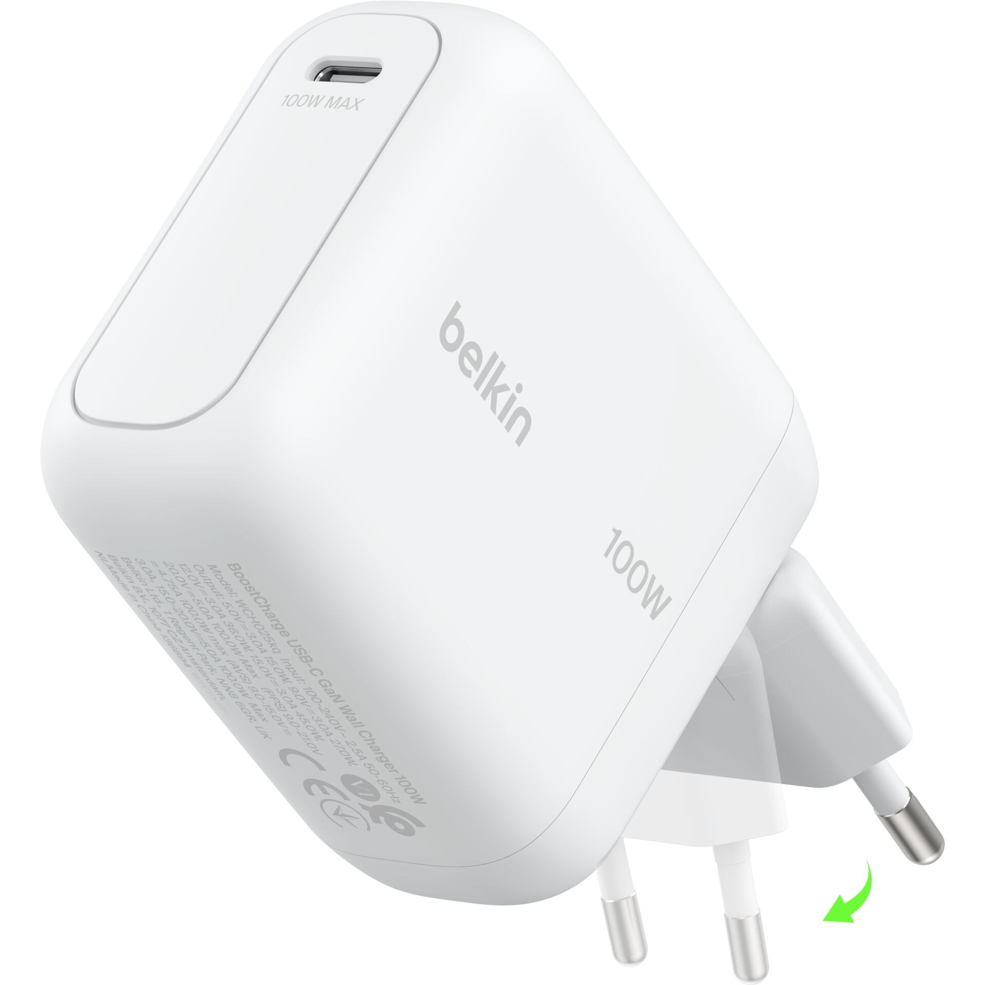 Belkin BoostCharge USB-C Fiş Tipi Şarj Cihazı 100 W, GaN Kompakt ve Katlanabilir MacBook ve İphone için Hızlı Şarj, 1,5 m USB-C Kablo dahil