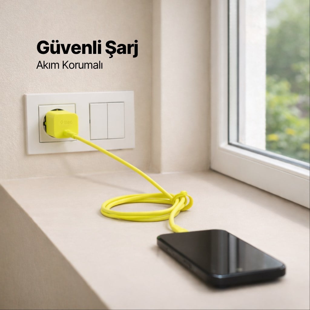 ttec SmartCharger GAN 45W AVS PD Seyahat Hızlı Şarj Aleti + USB-C - USB-C 3A Kablo Neon Neon Mavi