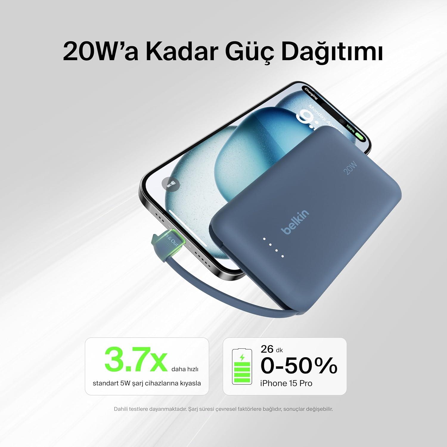 Belkin BoostCharge Powerbank, Entegre Type-C Kablolu 10K PD 20W, Mavi