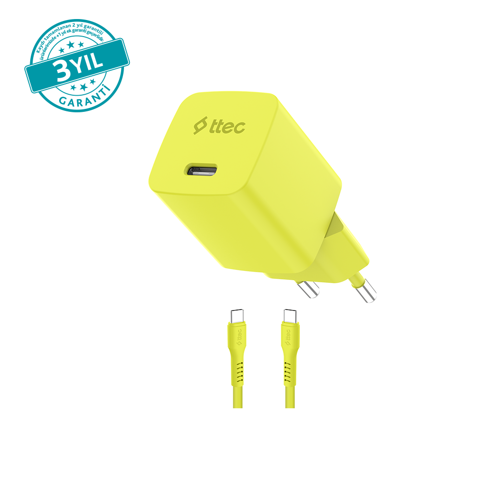 ttec SmartCharger GAN 45W AVS PD Seyahat Hızlı Şarj Aleti + USB-C - USB-C 3A Kablo Neon Neon Sarı