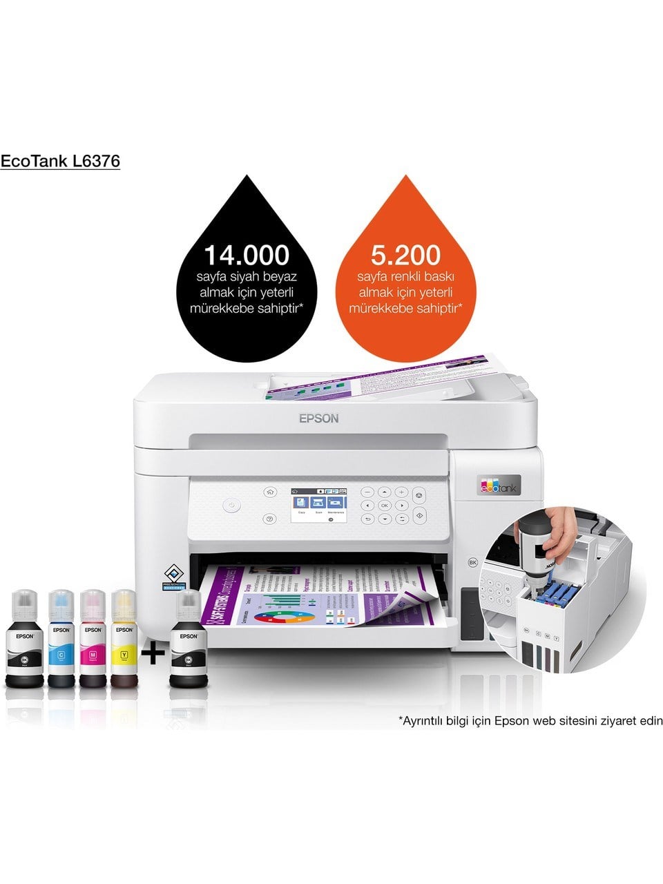 Epson EcoTank L6376 Yazıcı/Tarayıcı/Fotokopi/Wifi Renkli Çok Fonksiyonlu Tanklı Yazıcı - C11CL43407