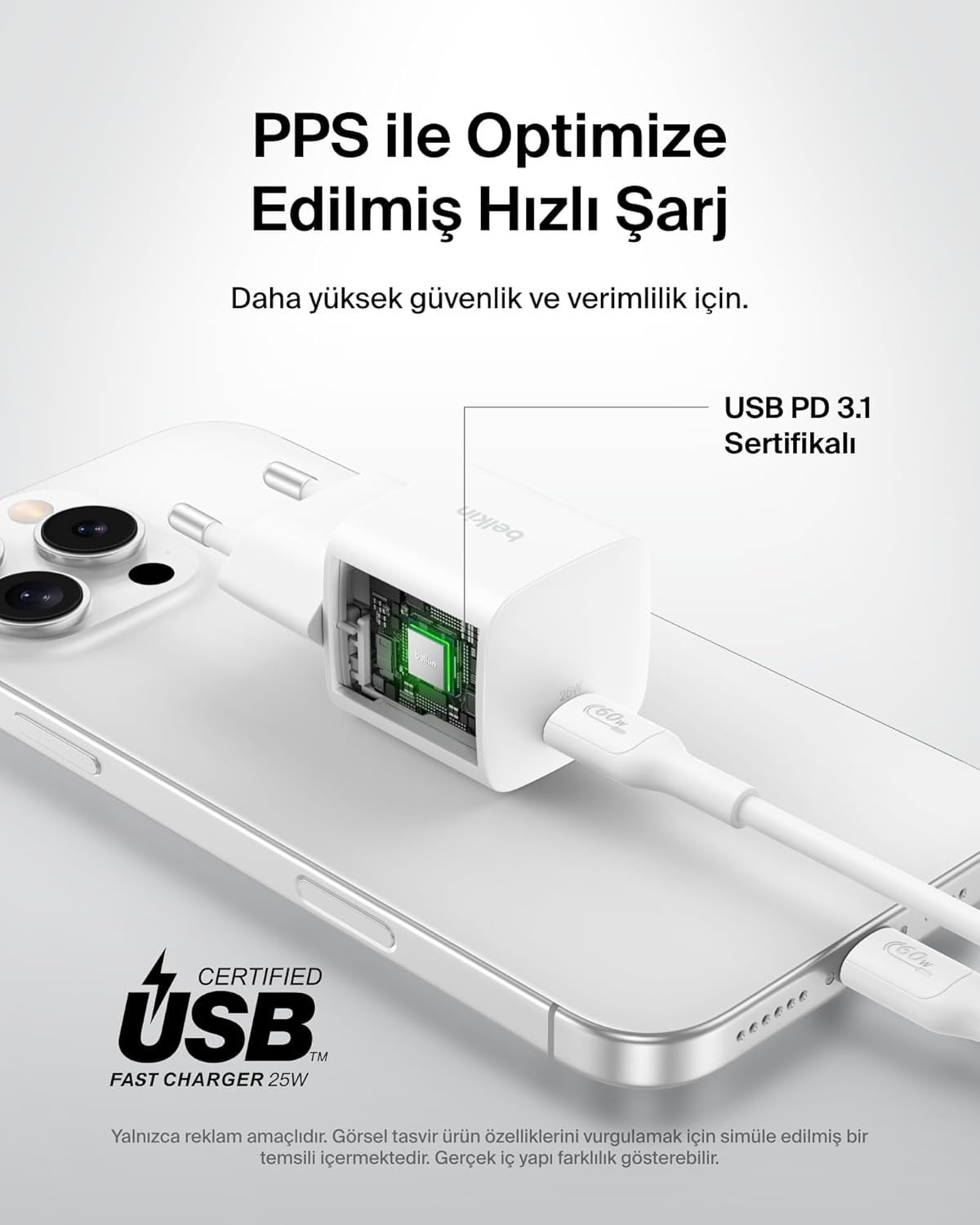 Belkin USB-C 25 W, USB-C Kablo dahil (1 m) PD 3.0 PPS Hızlı Şarj Cihaz, Beyaz