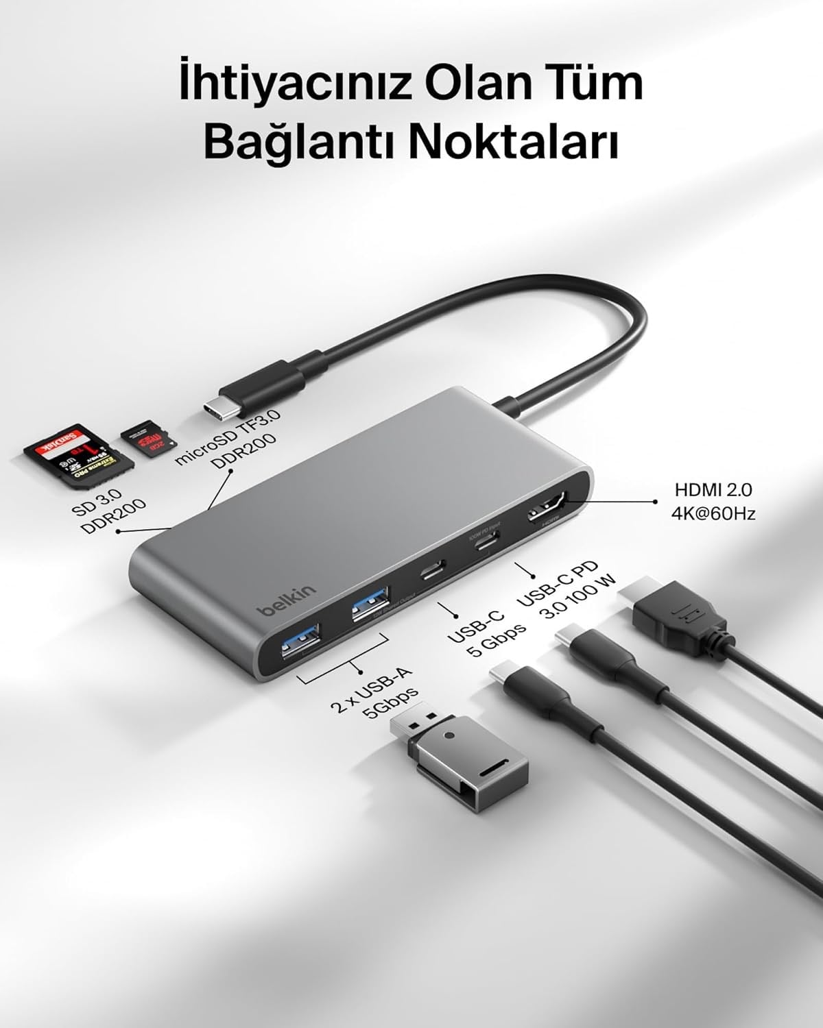 Belkin AVC023 7in1 100W USB-C Multiport Hub(2x USB-C , 2x USB-A , 1x HDMI 4K 60HZ , SD&Micro SD Card Reader) - Uzay Grisi