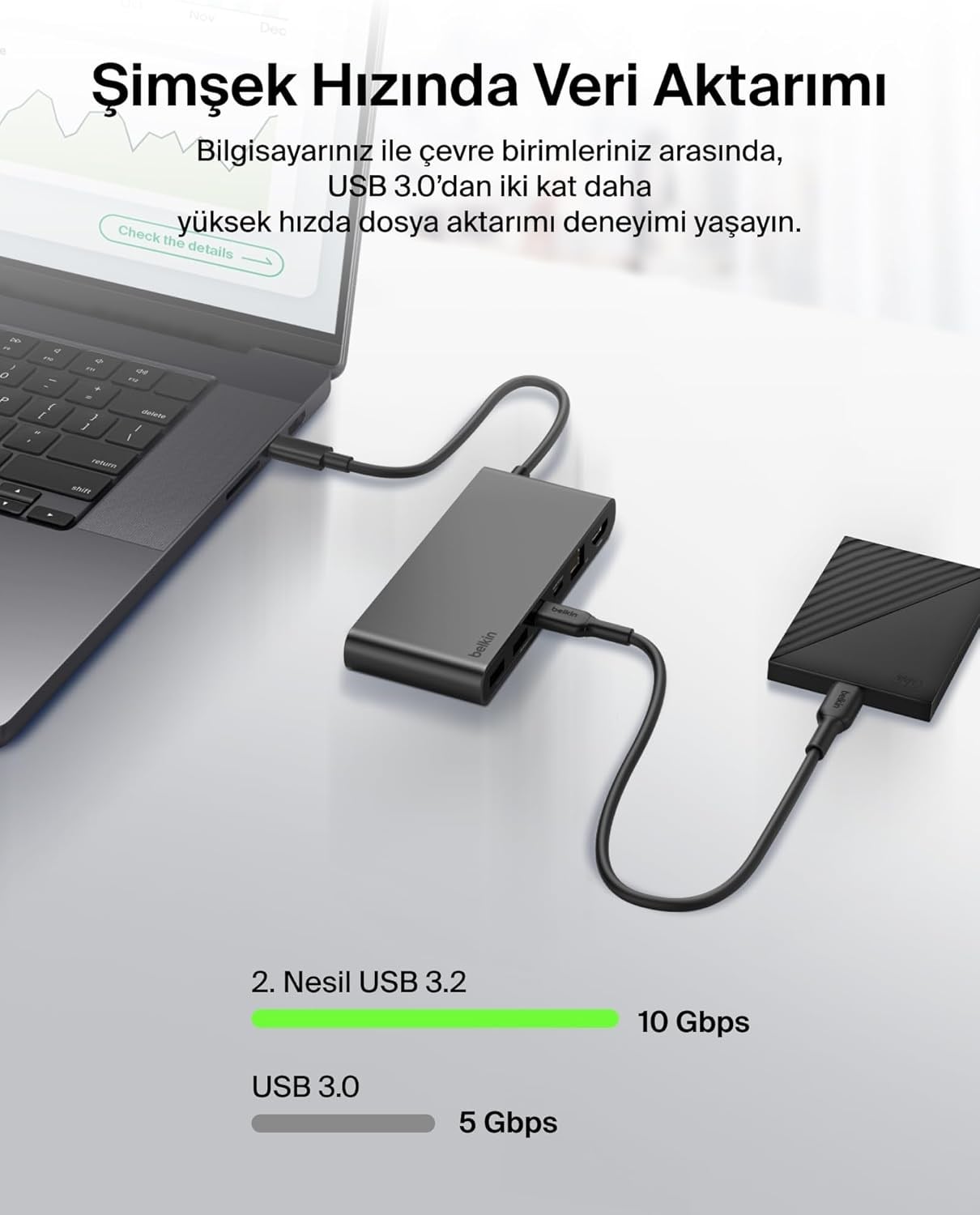 Belkin Connect 8 Portlu USB-C Hub, 4K@60Hz'100 W PD, 10 Gbps veri aktarım hızı ve 2,5 Gbps Ethernet - Gri