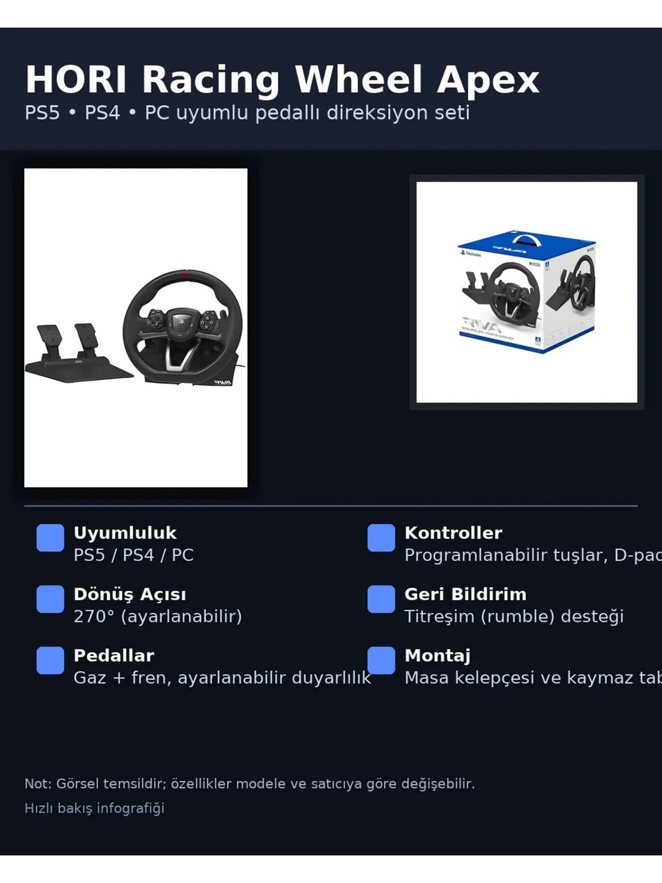 Hori RWA Ps5 Racing Wheel Apex Direksiyon Seti Sony Lisanslı Plastik Materyal 2 Parça Özellikli