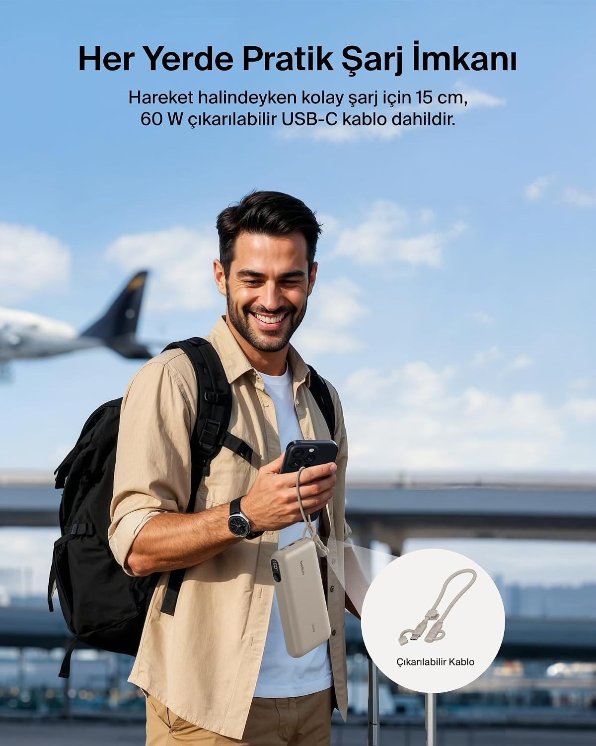 Belkin Boostcharge Power Bank 20000 Mah  Display, PD 20W  USB-C Kablolu, Kum Rengi