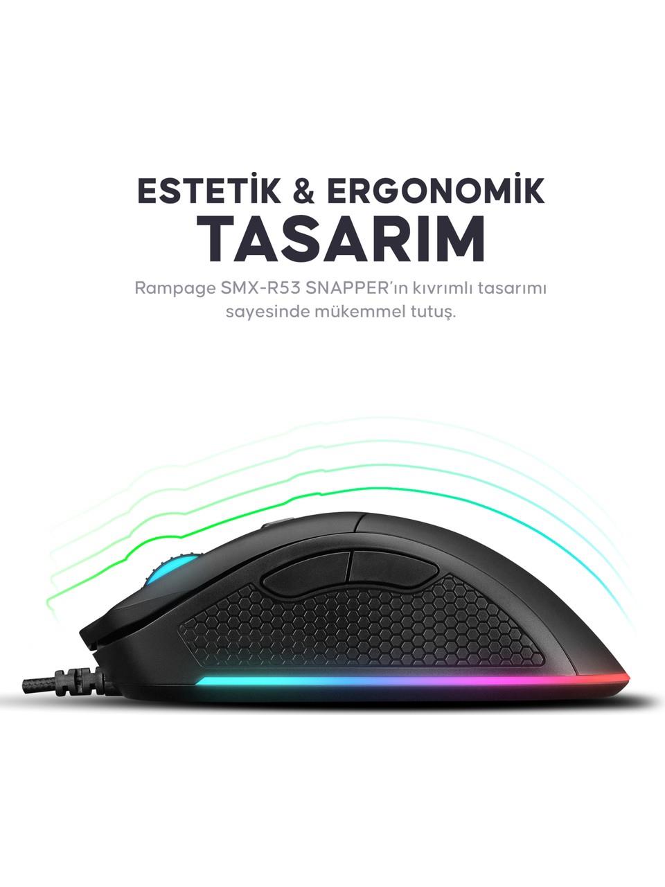 Rampage SMX-R53 SNAPPER Usb Siyah 7200 dpi RGB Aydınlatmalı Gaming Oyuncu Mouse
