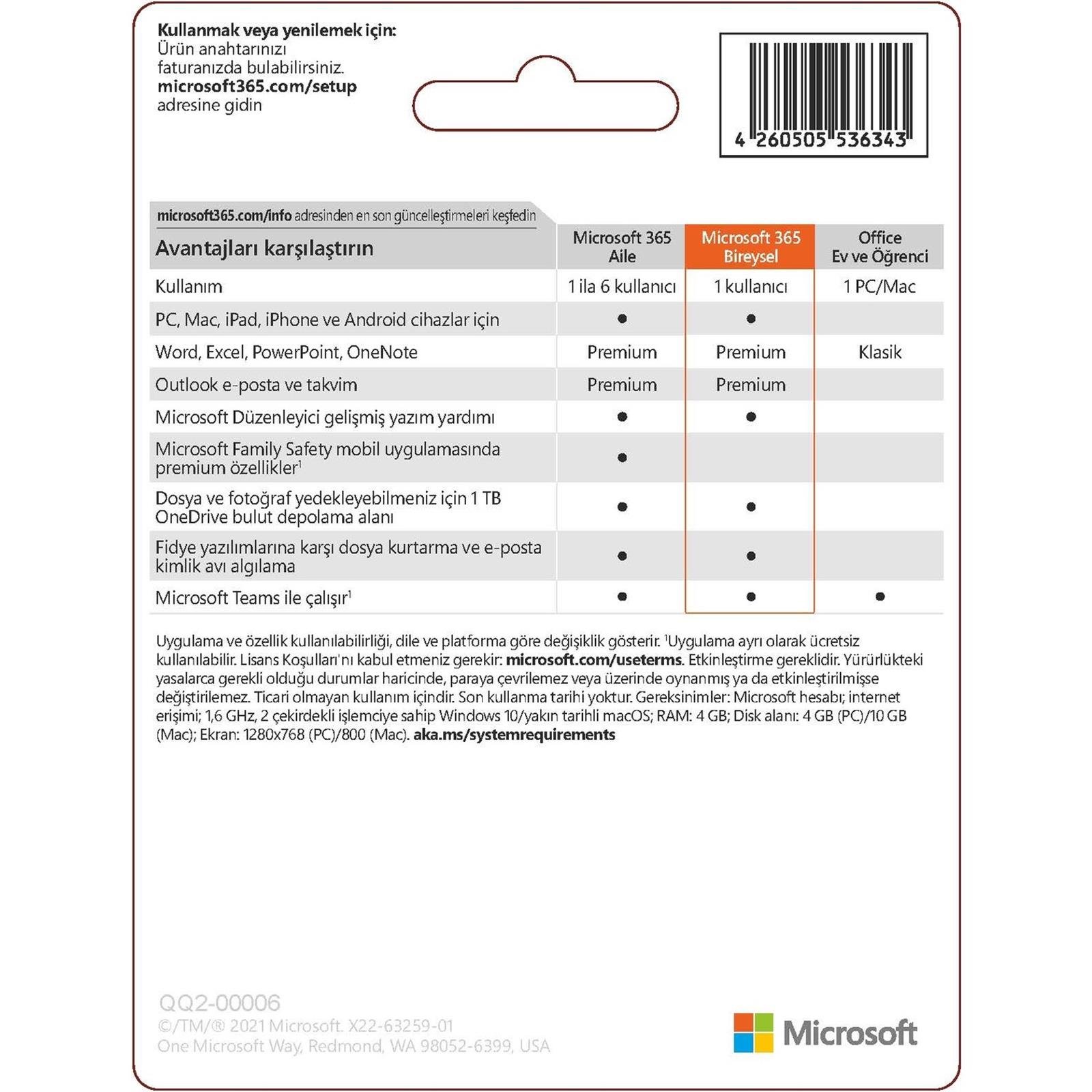 Microsoft Office 365 Bireysel Abonelik 1 YIL ESD TR - (QQ2-00006)