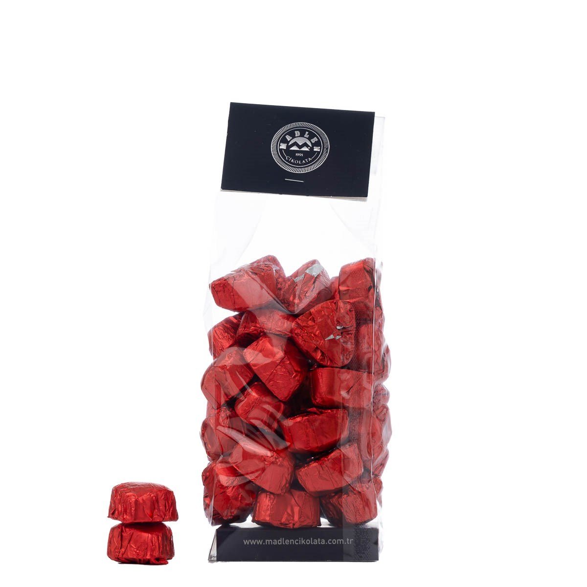 Kırmızı Yaldızlı Fıstıklı Mini Kalp Çikolata