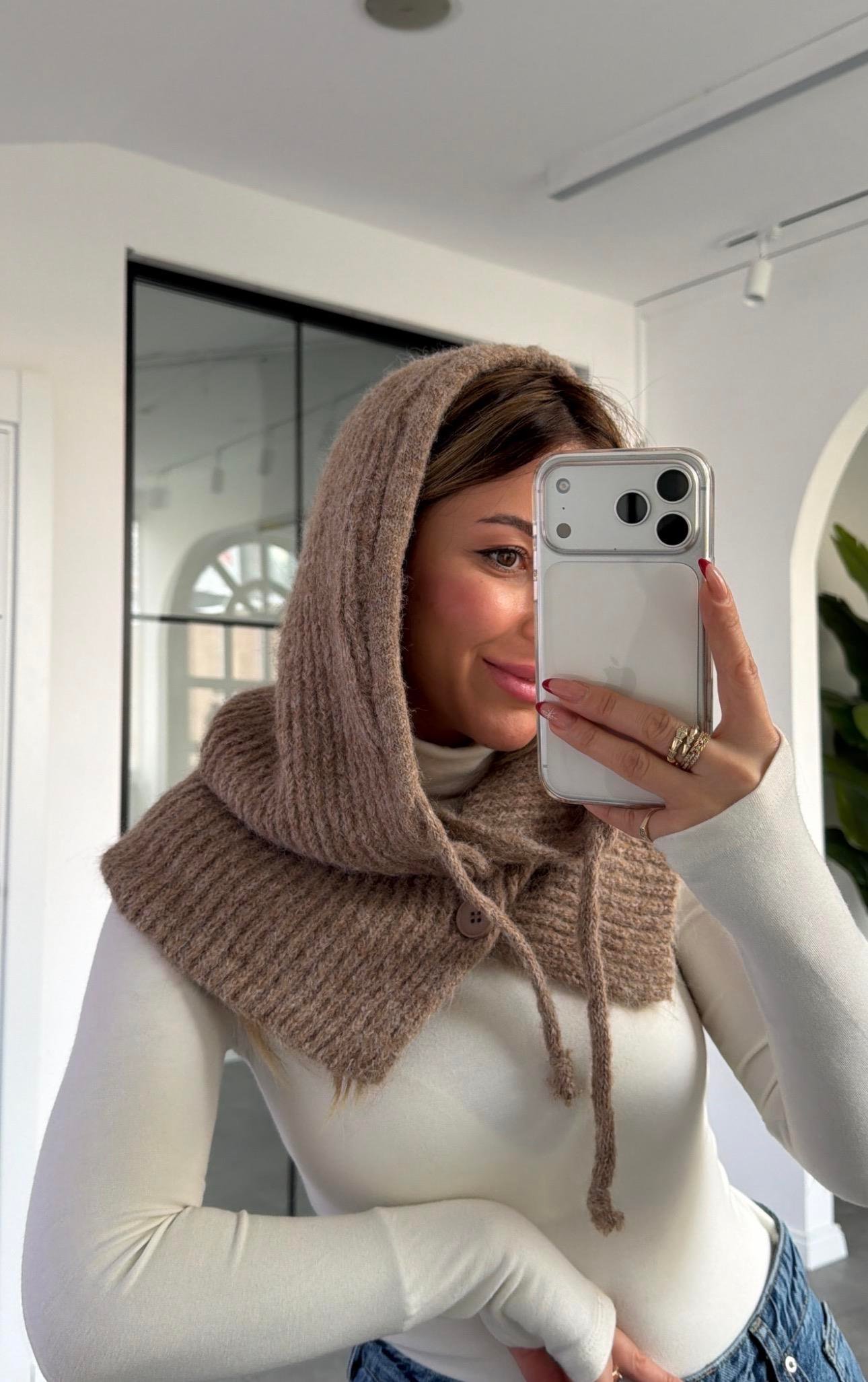 Örgü düğmeli vizon(kahve) balaklava  