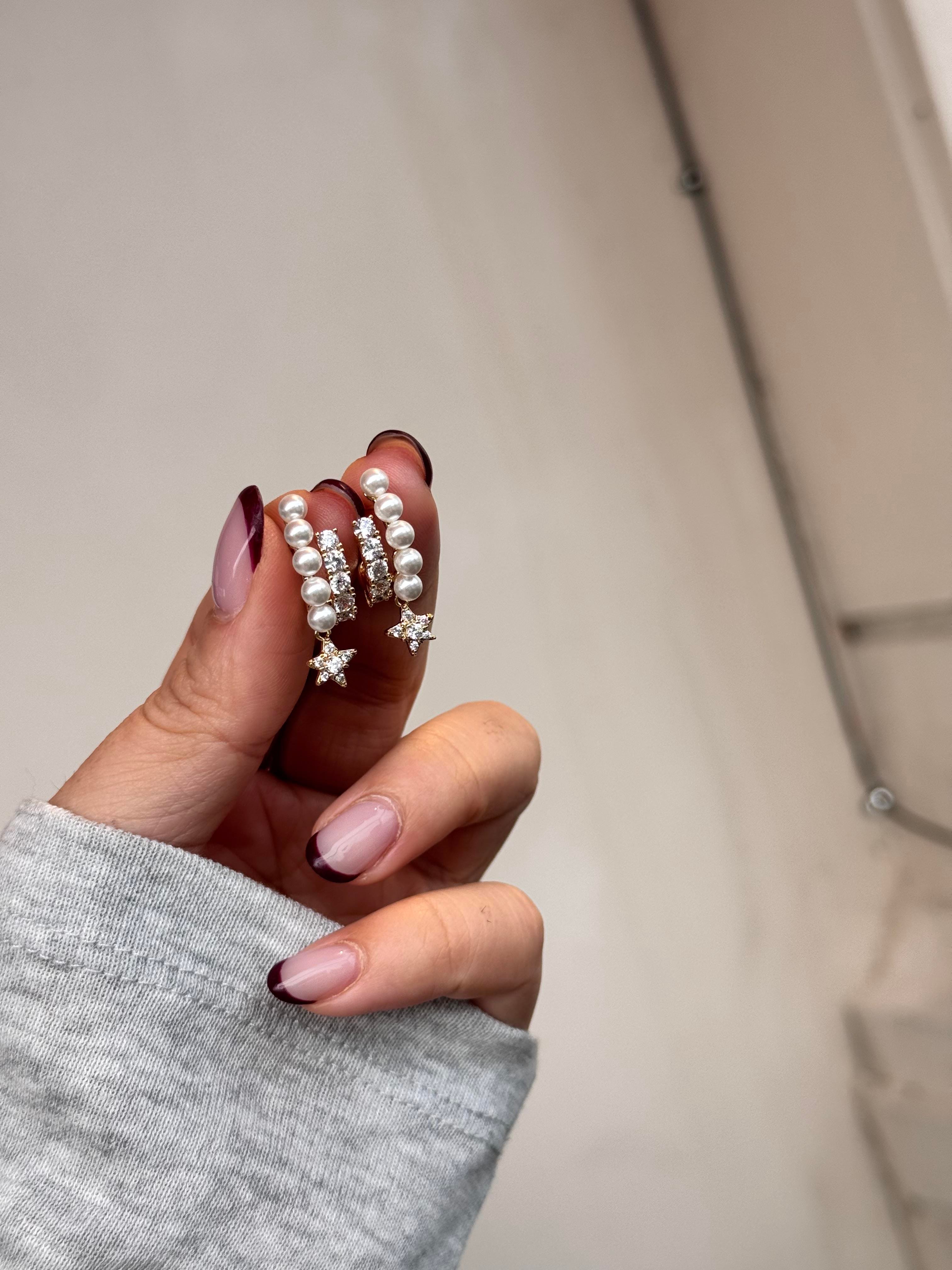 Özel Seri incili taşlı çift sıra küpe