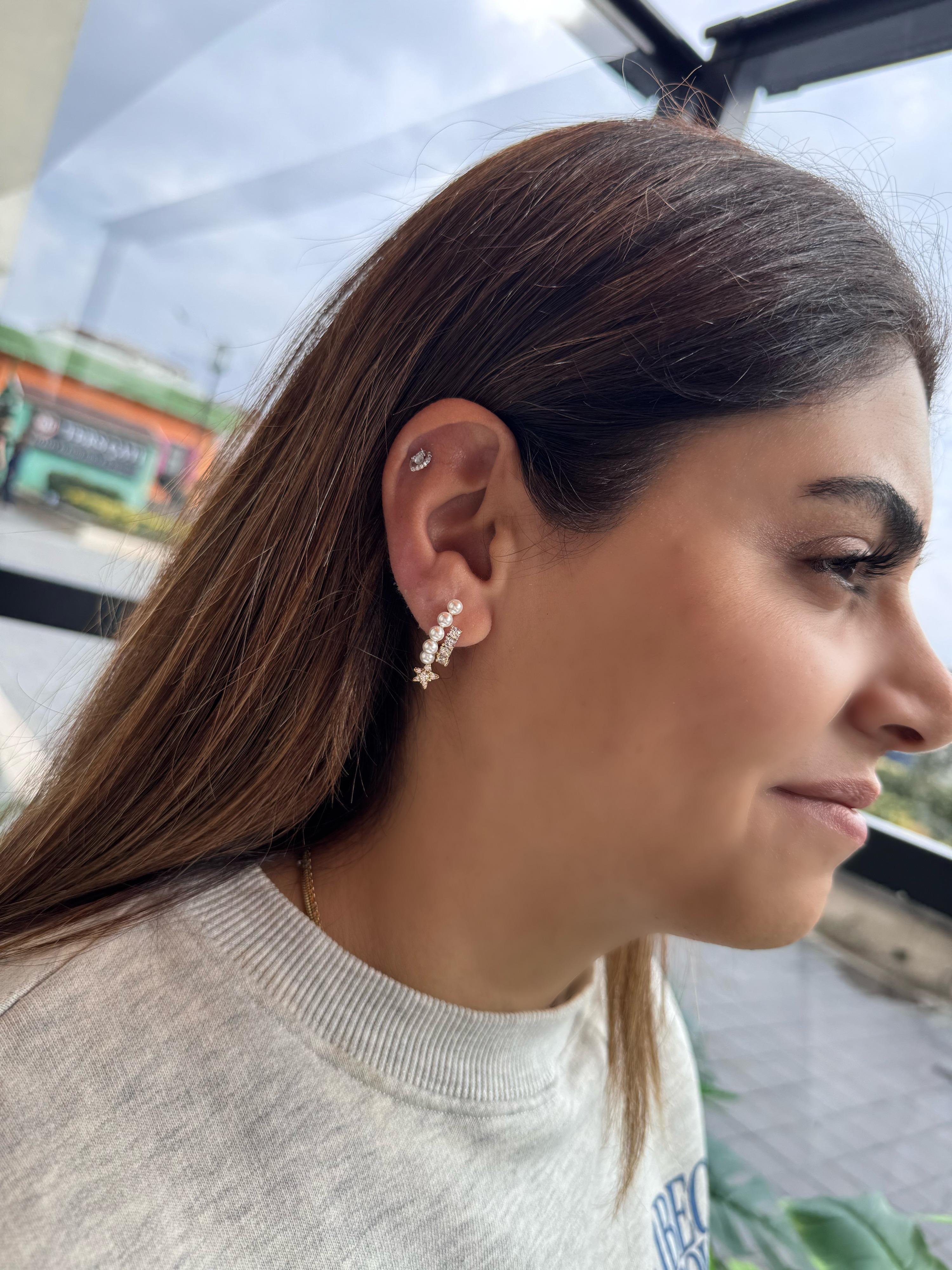 Özel Seri incili taşlı çift sıra küpe