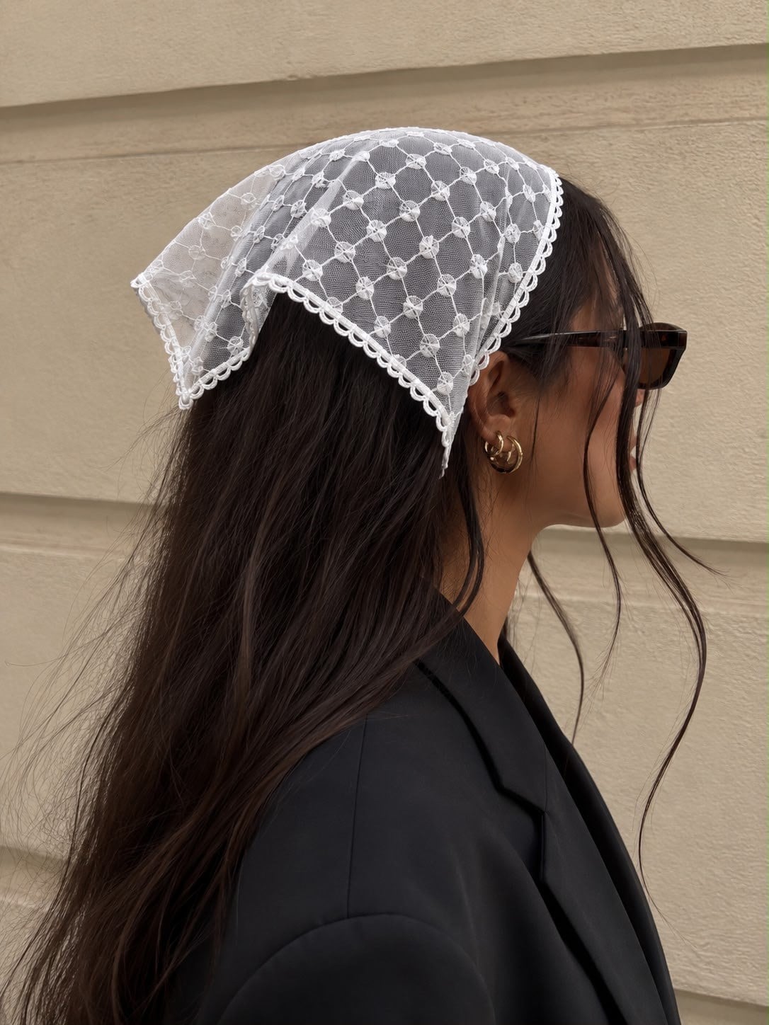 Puantiyeli desenli dantel bandana