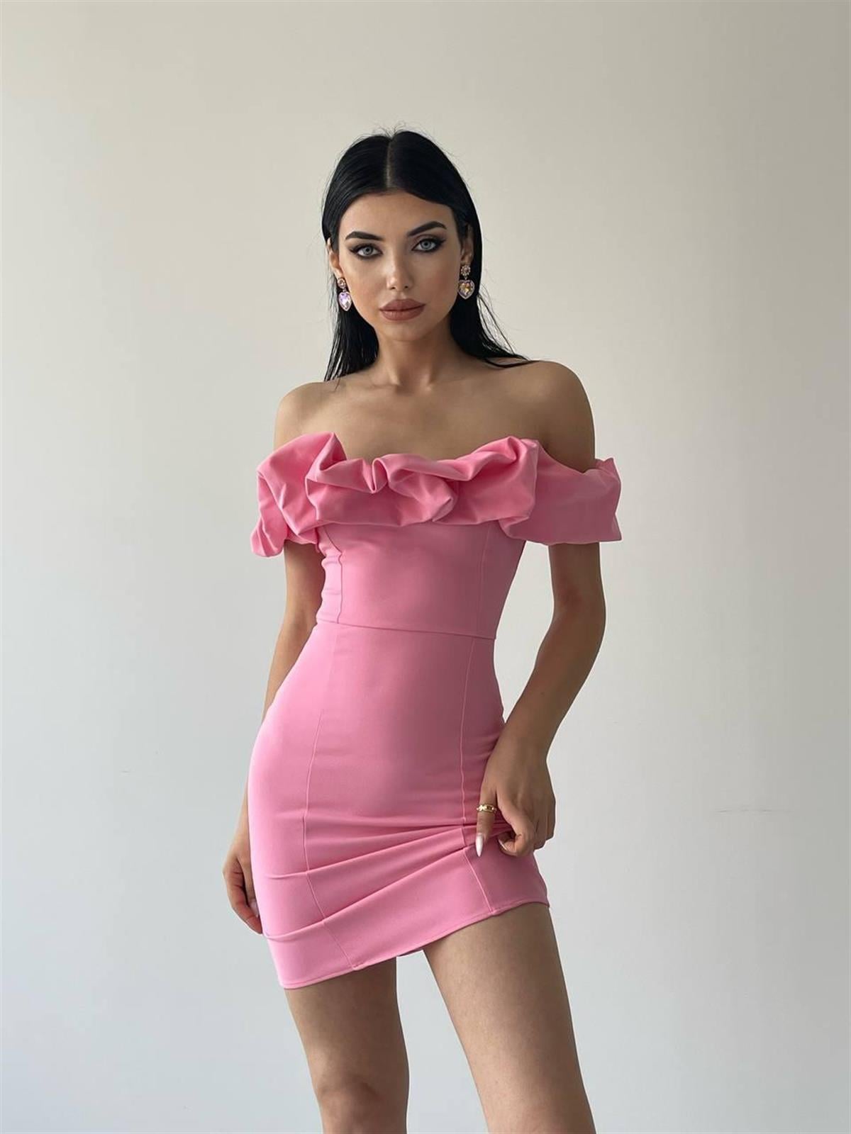 Amour Fırfır Detay Mini Elbise Pembe