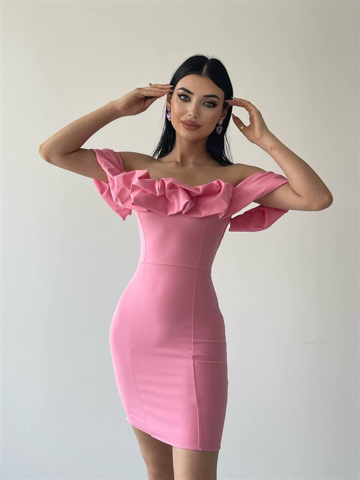 Amour Fırfır Detay Mini Elbise Pembe