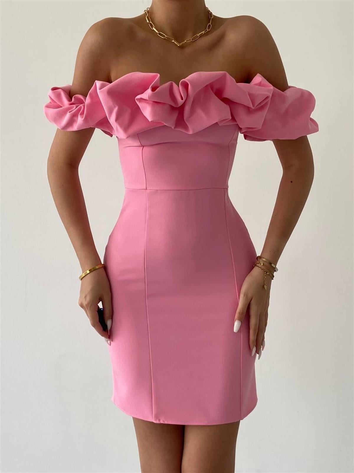 Amour Fırfır Detay Mini Elbise Pembe