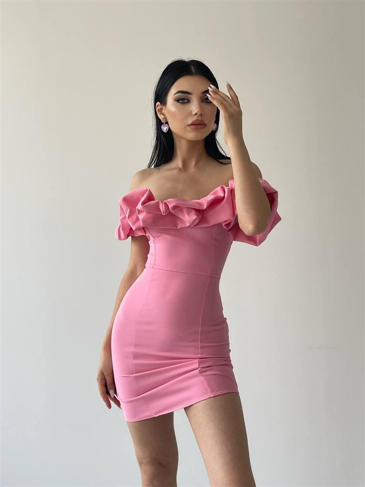 Amour Fırfır Detay Mini Elbise Pembe