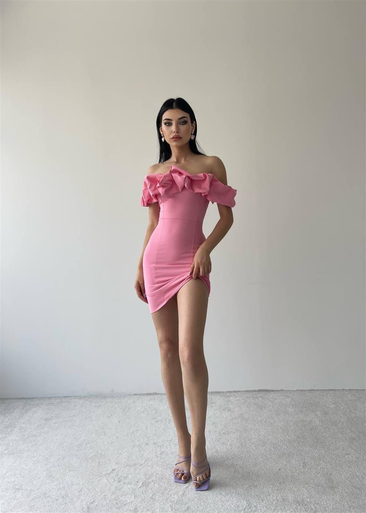 Amour Fırfır Detay Mini Elbise Pembe