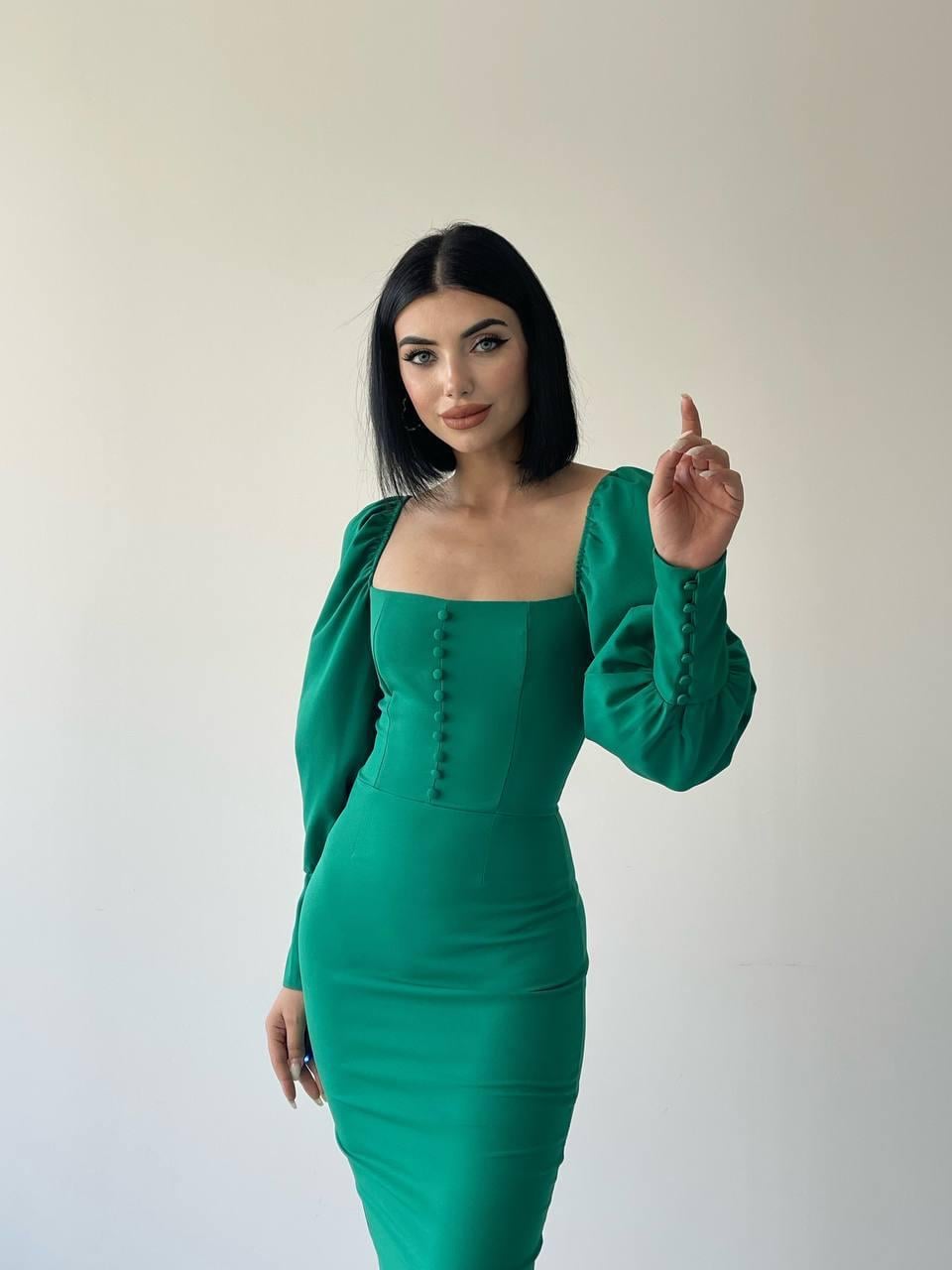 Anna Düğme Detay Balon Kol Elbise Yeşil