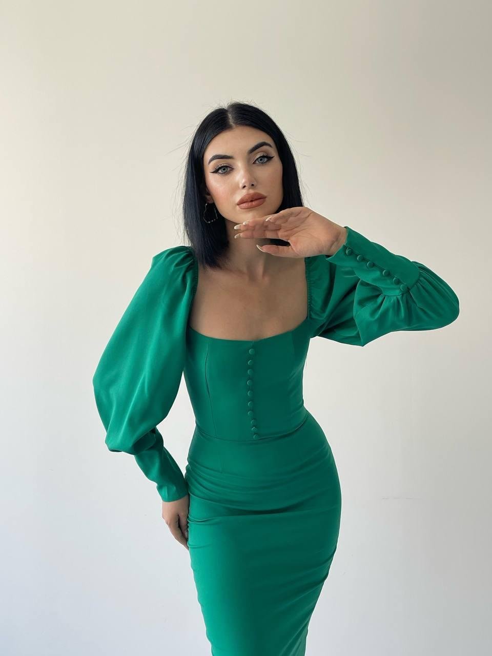 Anna Düğme Detay Balon Kol Elbise Yeşil