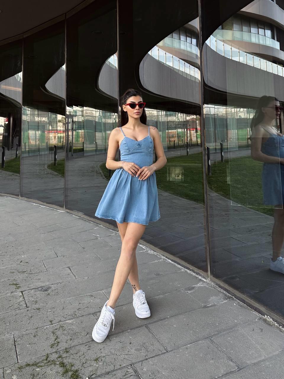 Askılı Mini Denim Elbise | 