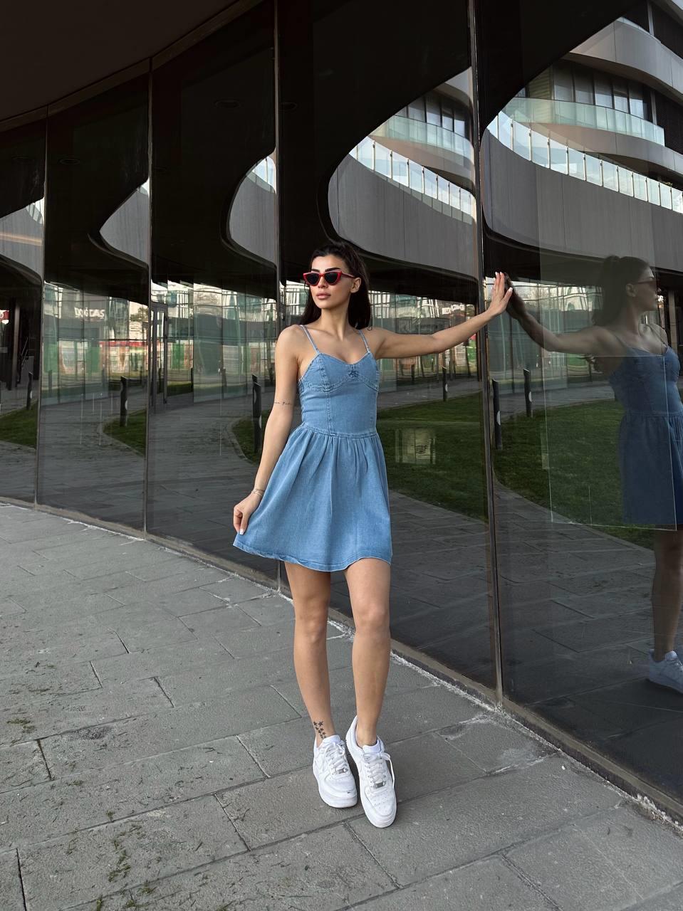Askılı Mini Denim Elbise | 