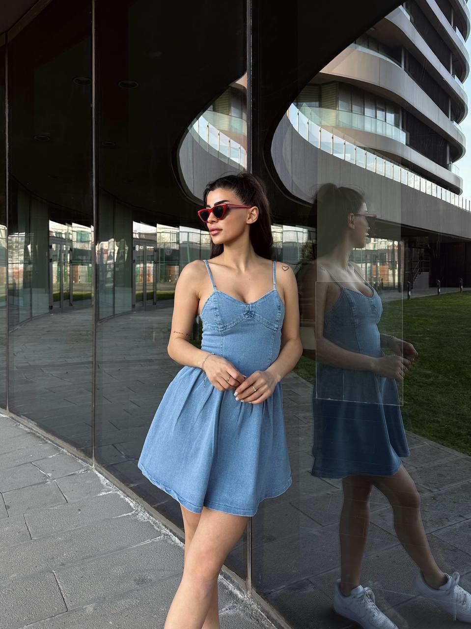 Askılı Mini Denim Elbise | 