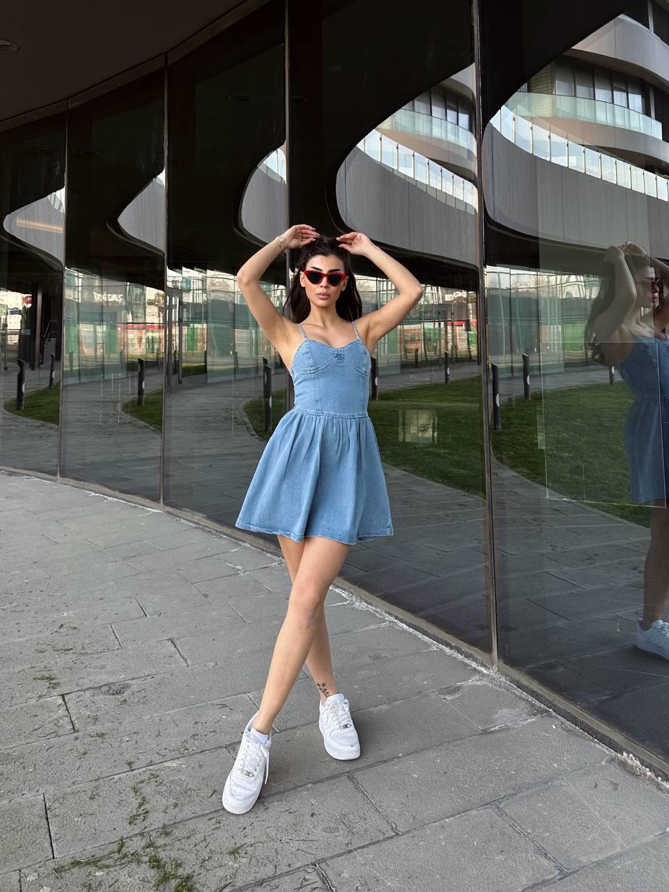 Askılı Mini Denim Elbise | 