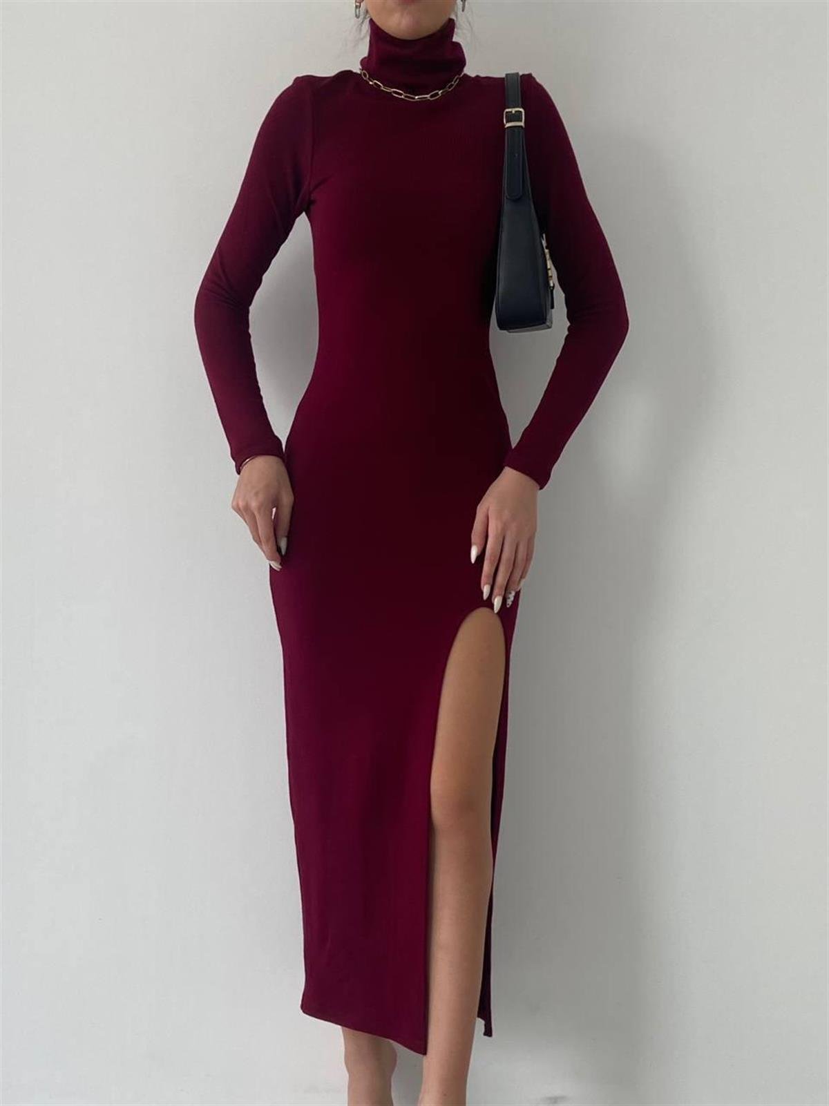 Castillone Midi Yırtmaçlı Bordo Elbise 