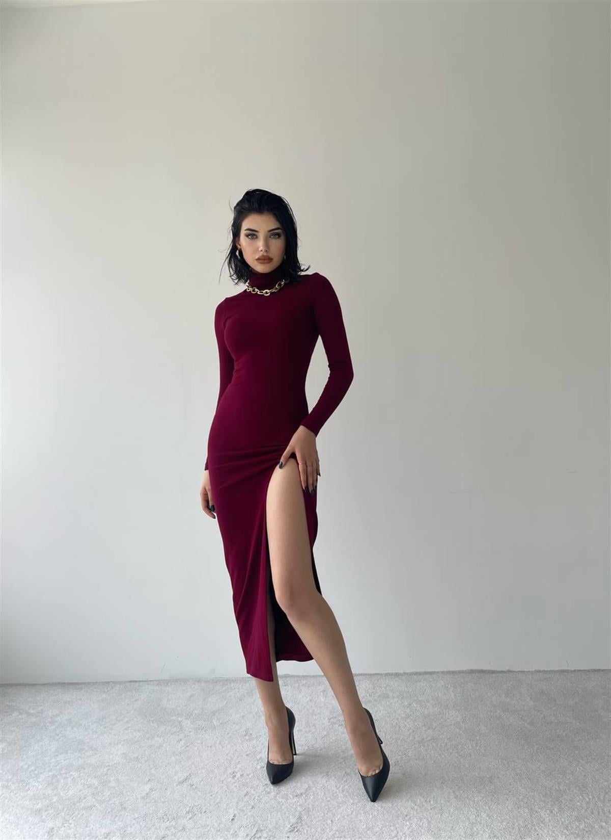 Castillone Midi Yırtmaçlı Bordo Elbise 