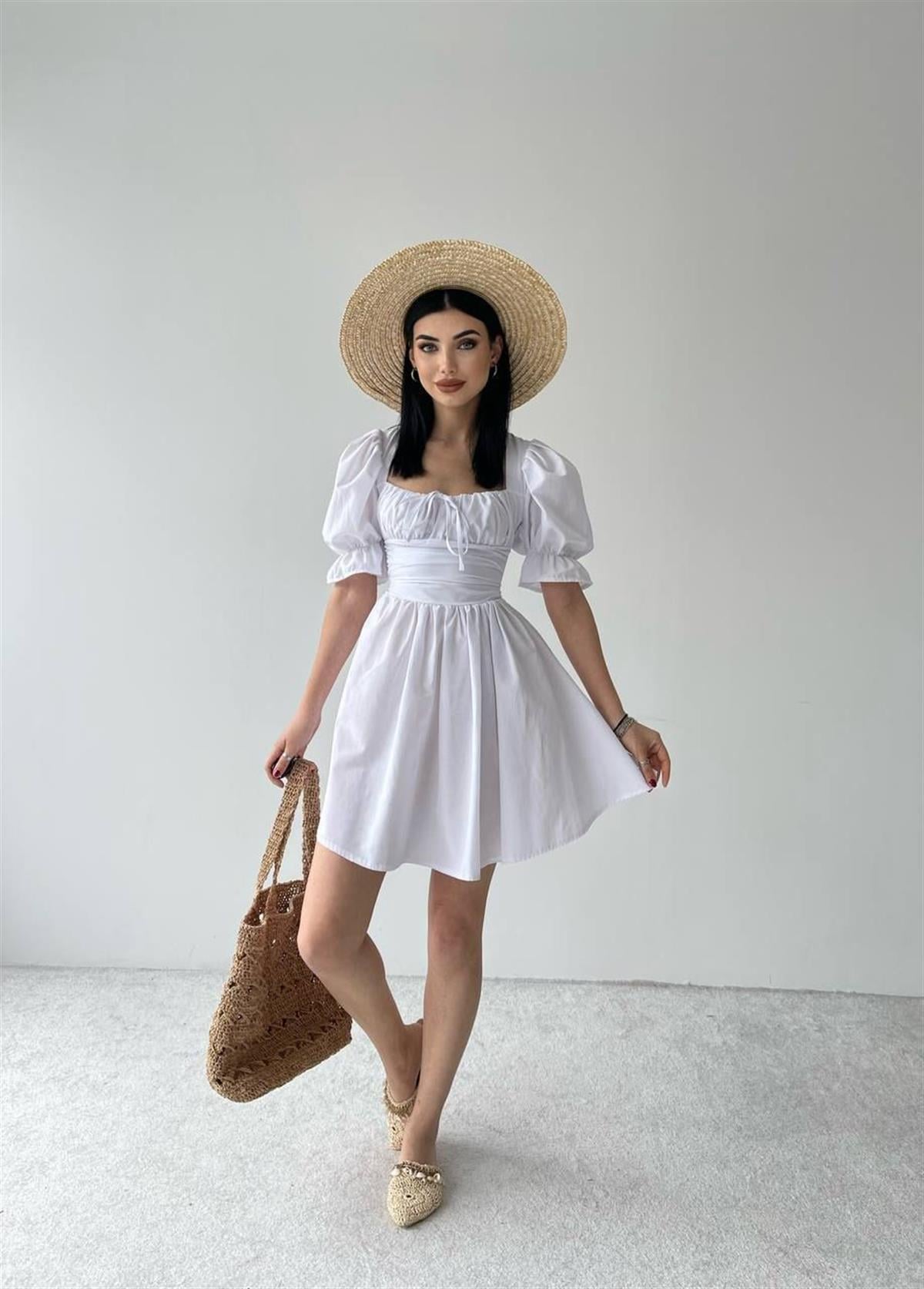 Chloe Poplin Mini Beyaz Elbise 
