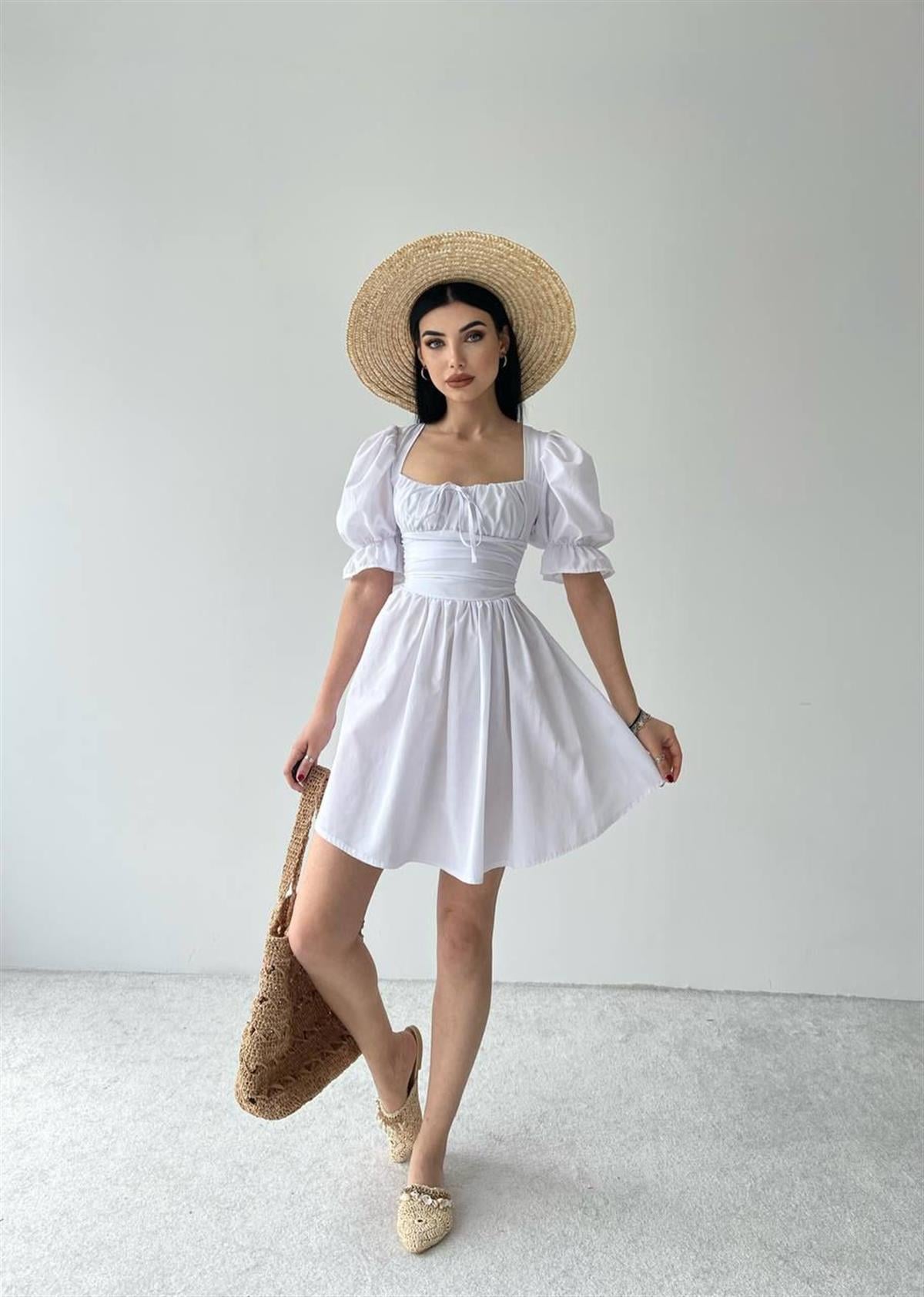 Chloe Poplin Mini Beyaz Elbise 